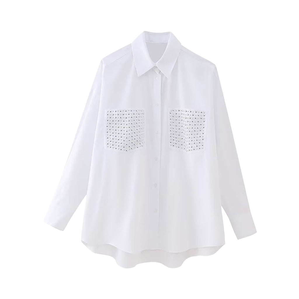 Street Trendy Rivet Ornament Loose Long Sleeve Shirt Women - enhanced image 6