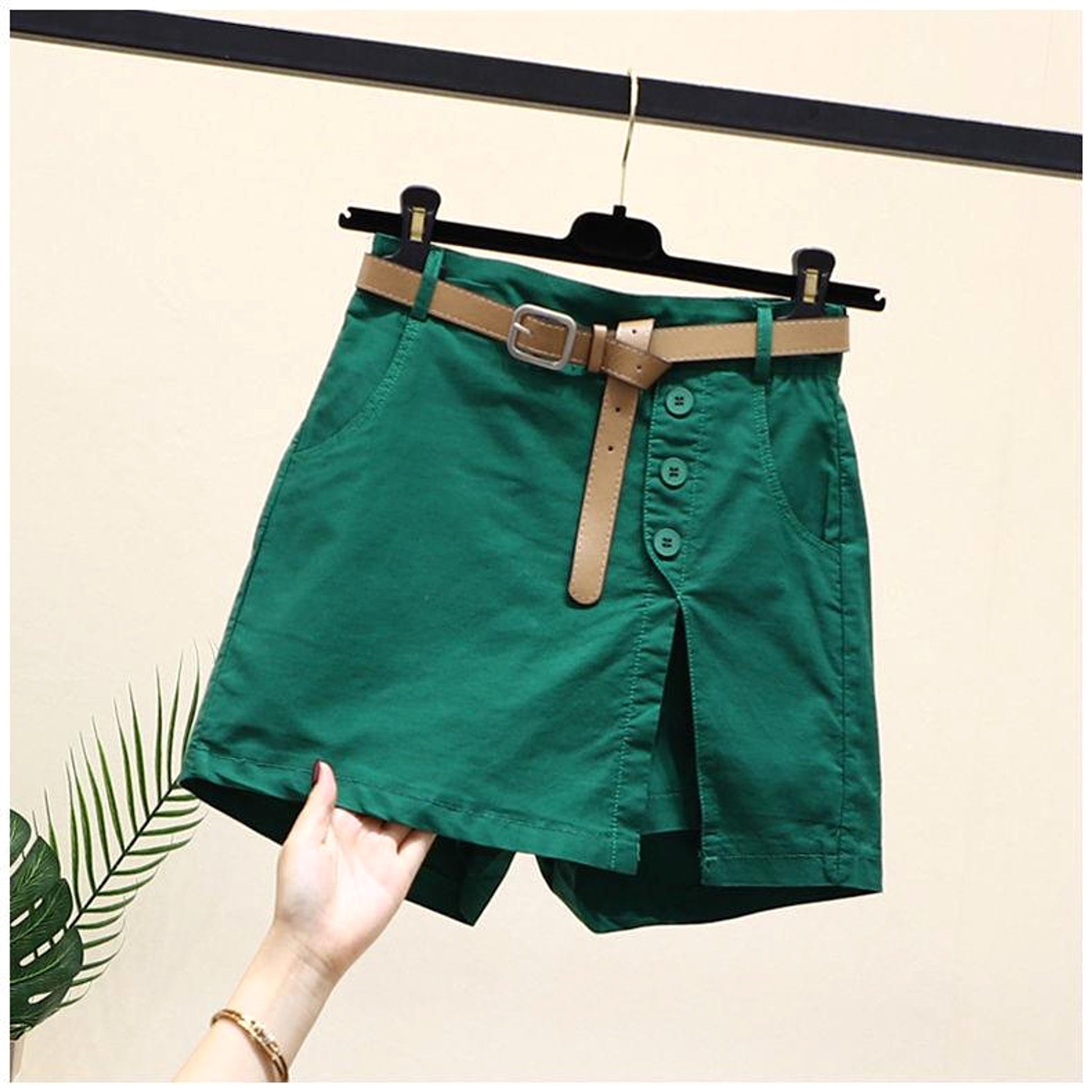 Summer New Button High Waist With Belt Cotton Shorts For Women Skirt - enhanced image 6