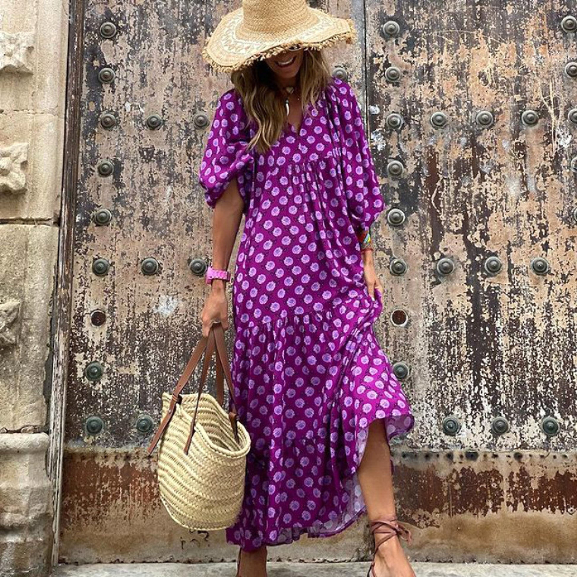Summer Women's Vintage Printed Bohemian Dress Elegant Ladies Casual Loose V-Neck Short Sleeve Long Dresses - enhanced image 6