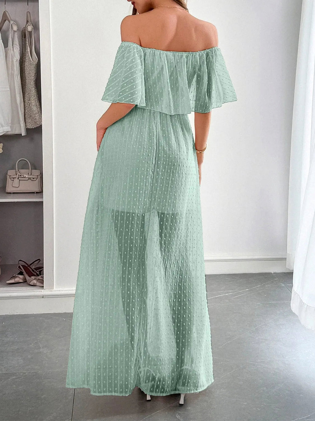 Swiss Dot Off Shoulder Maxi Dress - enhanced image 6
