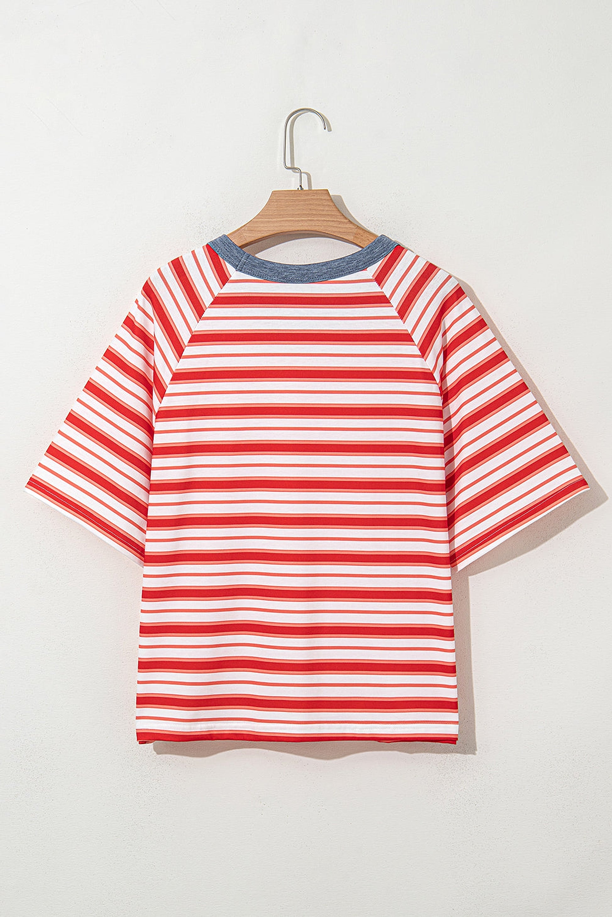 Tomato Red Stripe Print Contrast Collar Raglan Sleeve T Shirt - enhanced image 6