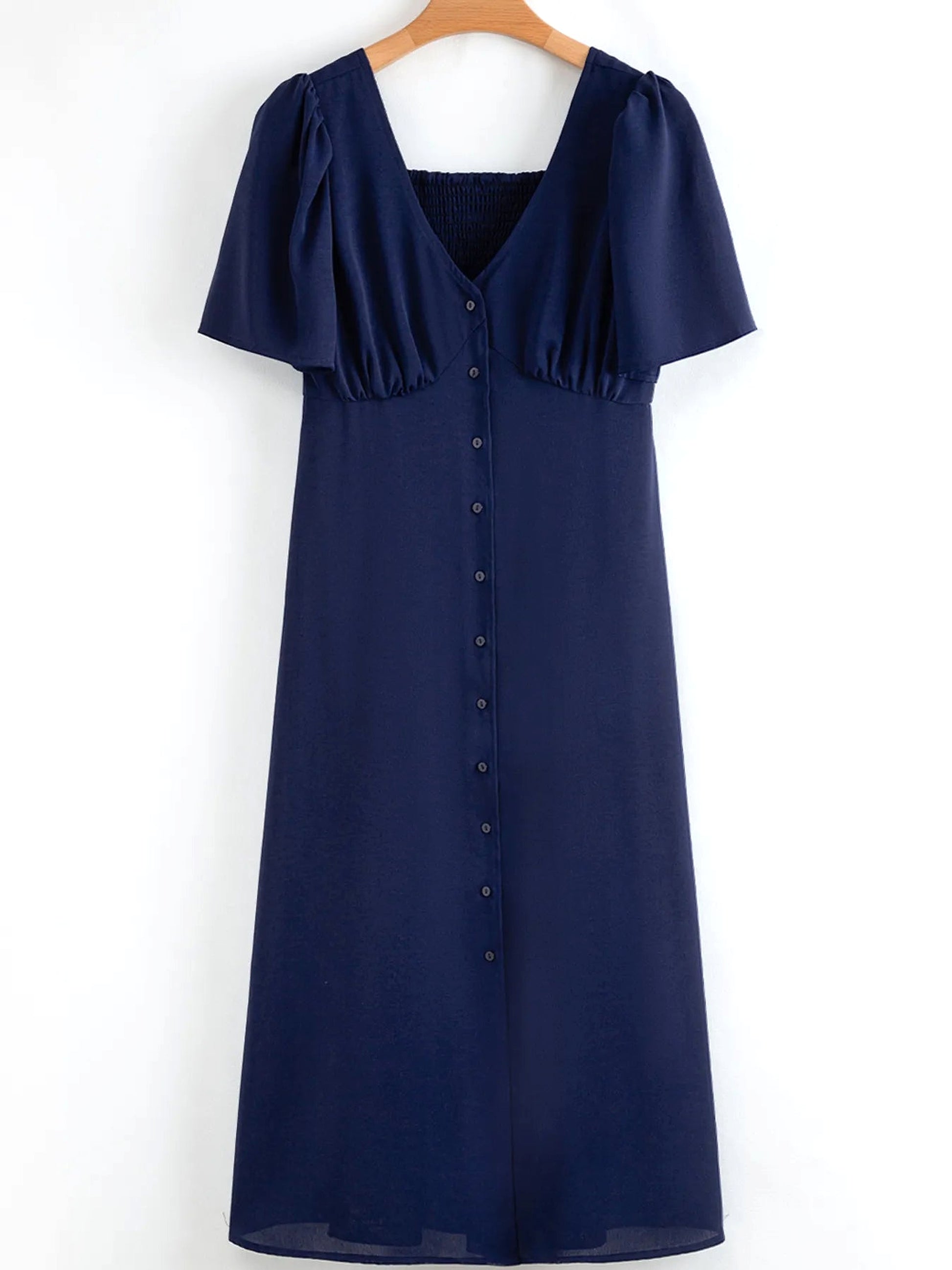V Neck Buttoned Front Shirred Back Short Sleeve Midi Dress - enhanced image 6