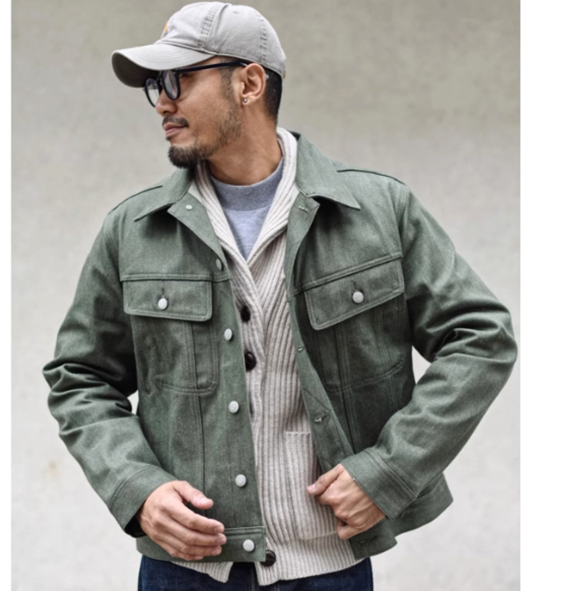 Vulcanized Green Puree Denim Retro Workwear Pure Cotton Coat Men - enhanced image 6