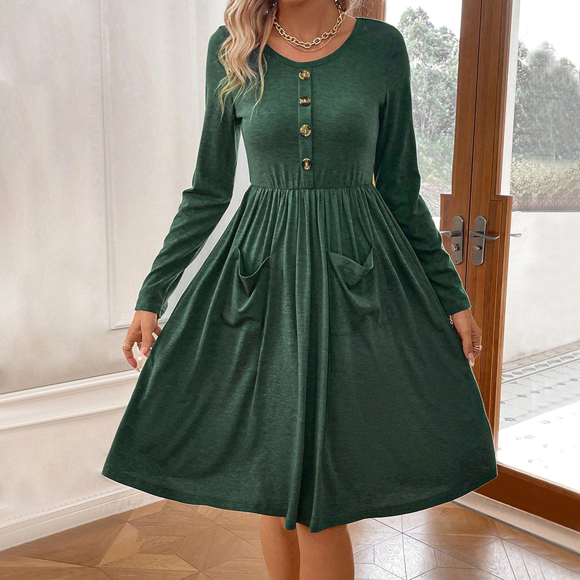 Waist-tight Round Neck Button Pocket Knitted Long-sleeved Dress - enhanced image 6