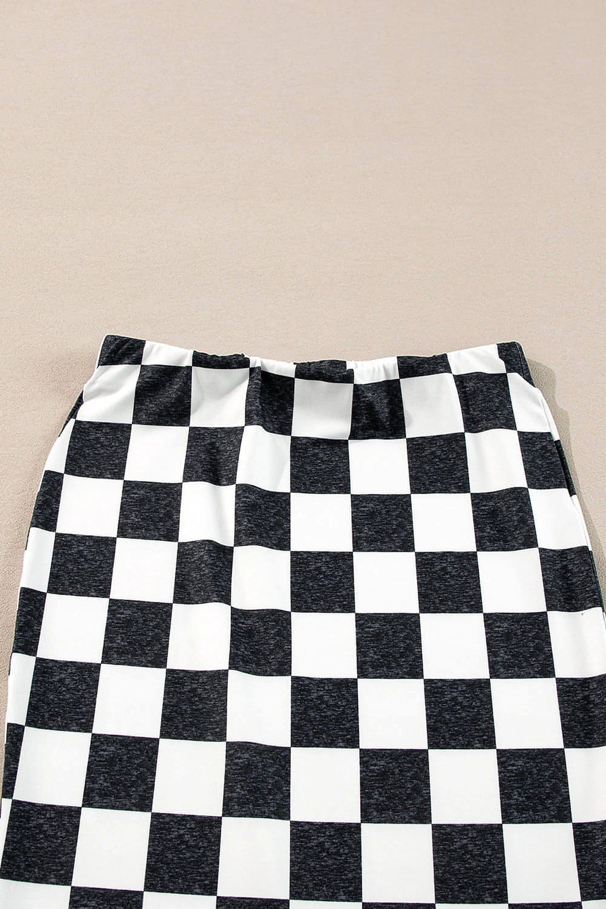 White Checkered Print Side Slit High Waist Midi Skirt - enhanced image 6