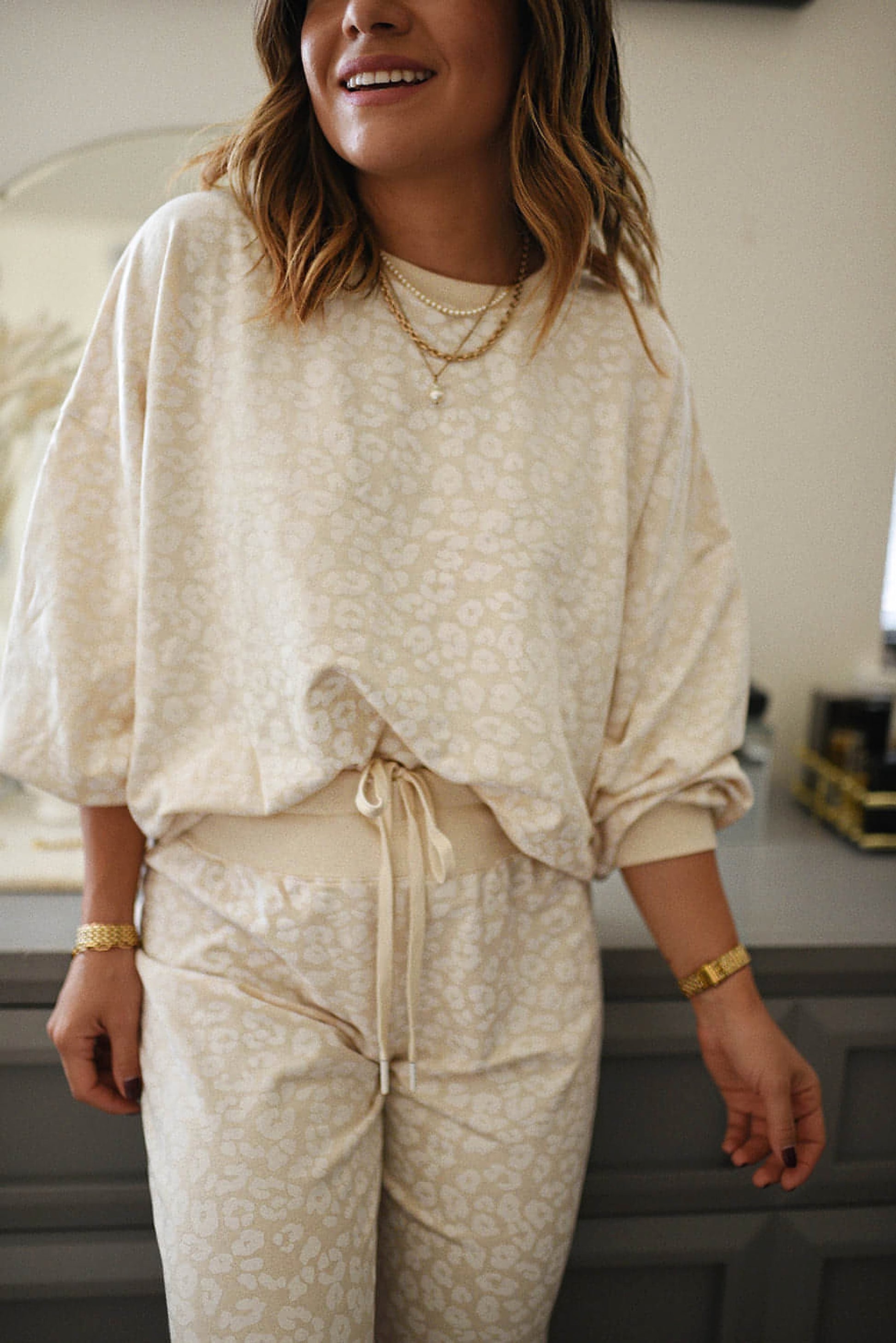 White Cheetah Print Two Piece Loose Fit Cozy Loungewear - enhanced image 6