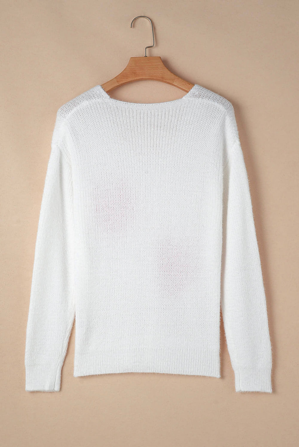 White Pearl Beaded Heart Pattern Fuzzy V Neck Sweater - enhanced image 6