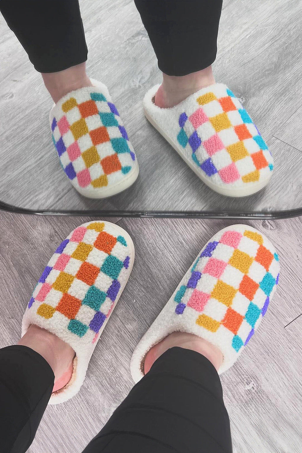 White Vibrant Checkered Plush Thermal Slippers - enhanced image 6