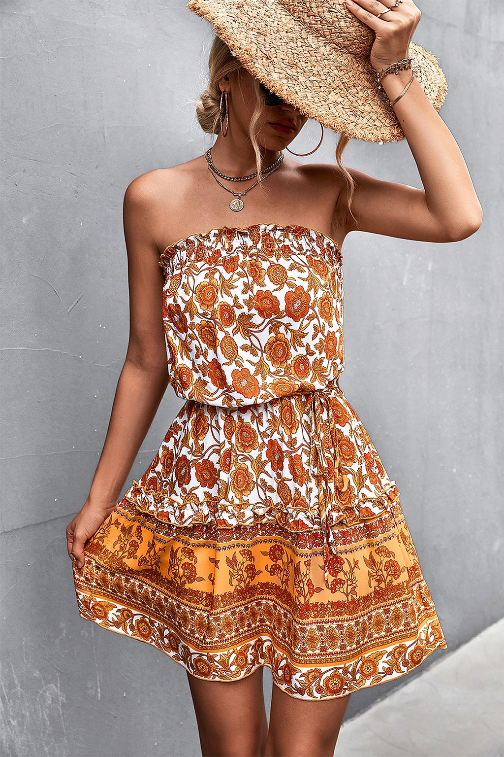 Women's Bohemian Floral Print Strapless Dress Summer Beach Dress - enhanced image 6