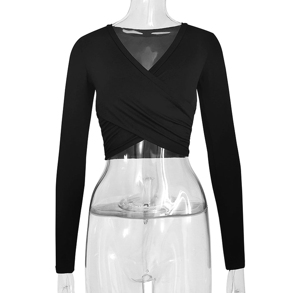 Women's Clothing Cross V-neck Stitching Slim-fit Long-sleeved Bottoming (T-Shirt) - enhanced image 6