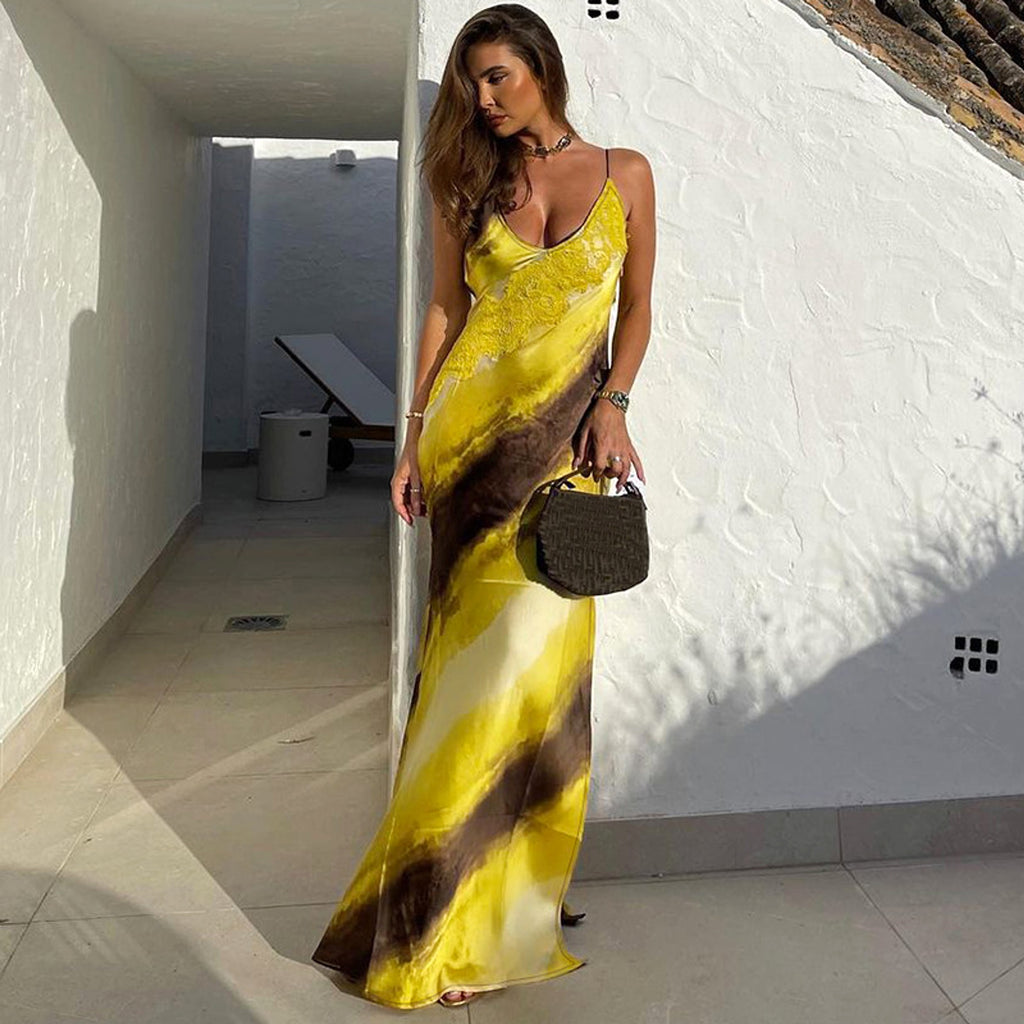 Women's Fashion Printed V-neck Backless Slit Sling Dress - enhanced image 6