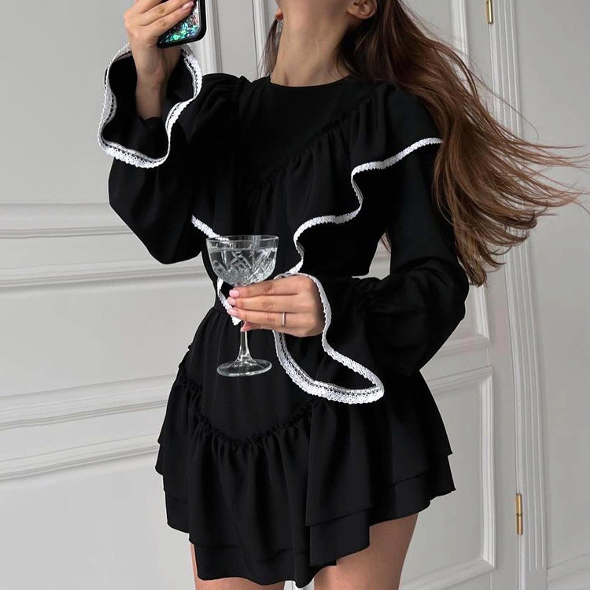 Women's Graceful And Fashionable Bell Sleeve Ruffle Dress - enhanced image 6