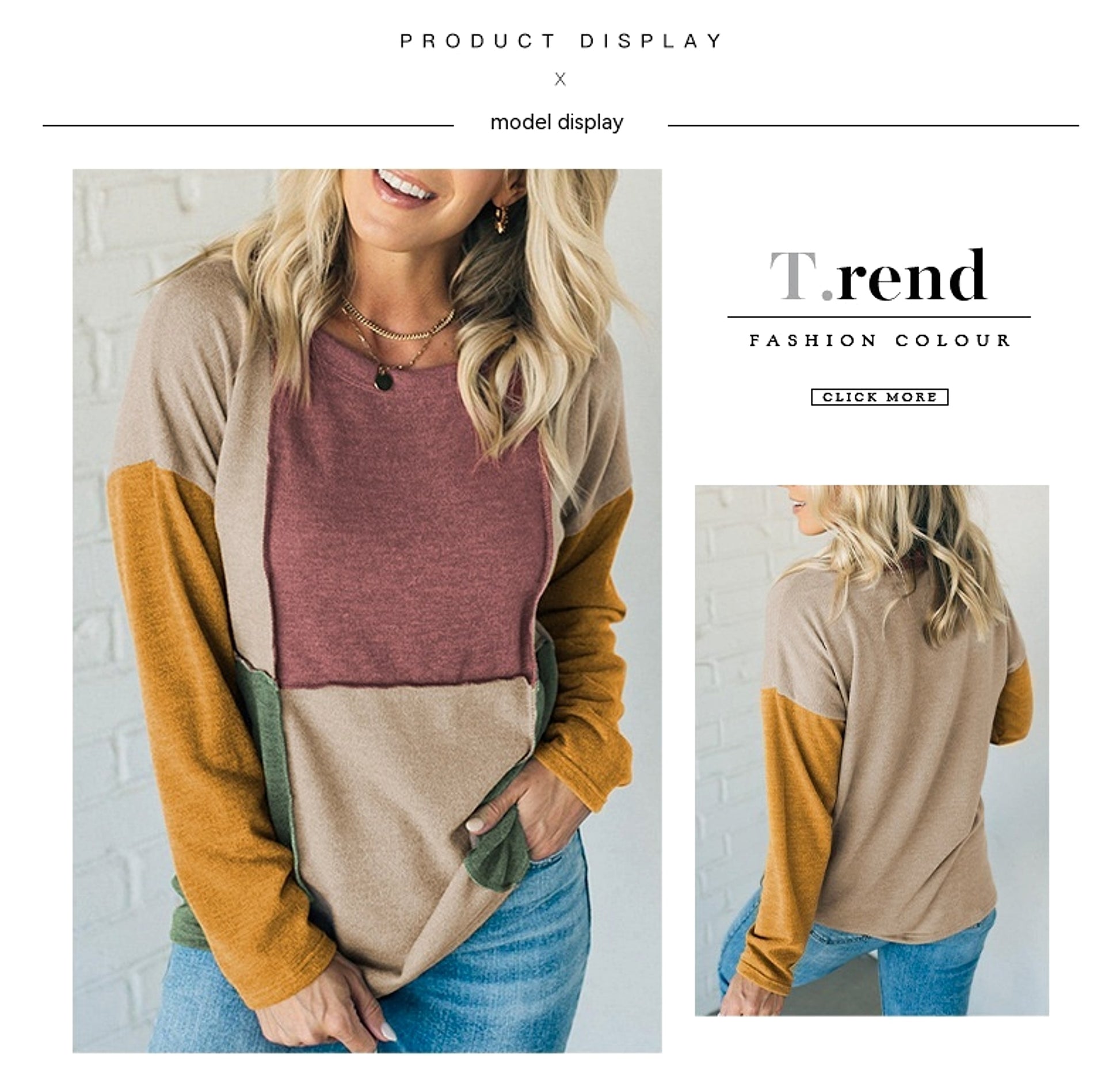 Women's Knitted Round Neck Irregular Contrast Color Long Sleeves Casual Top T-shirt - enhanced image 6