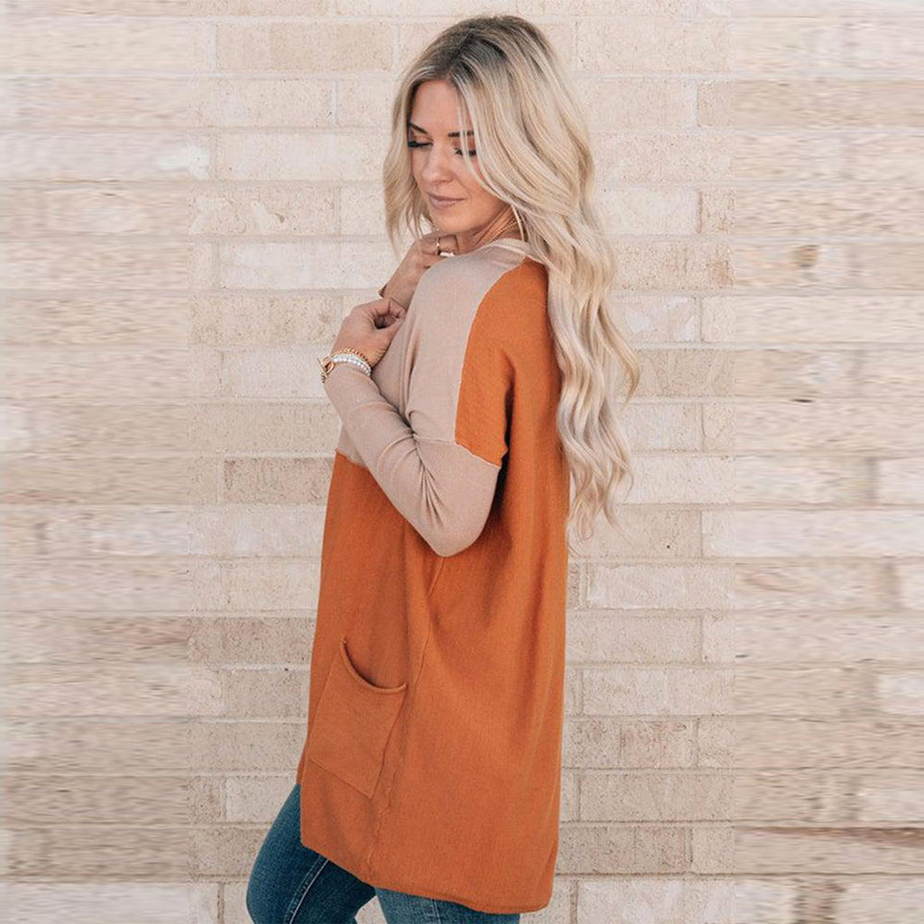 Women's Orange Pocket Color Matching Long-sleeved Top T-shirt - enhanced image 6