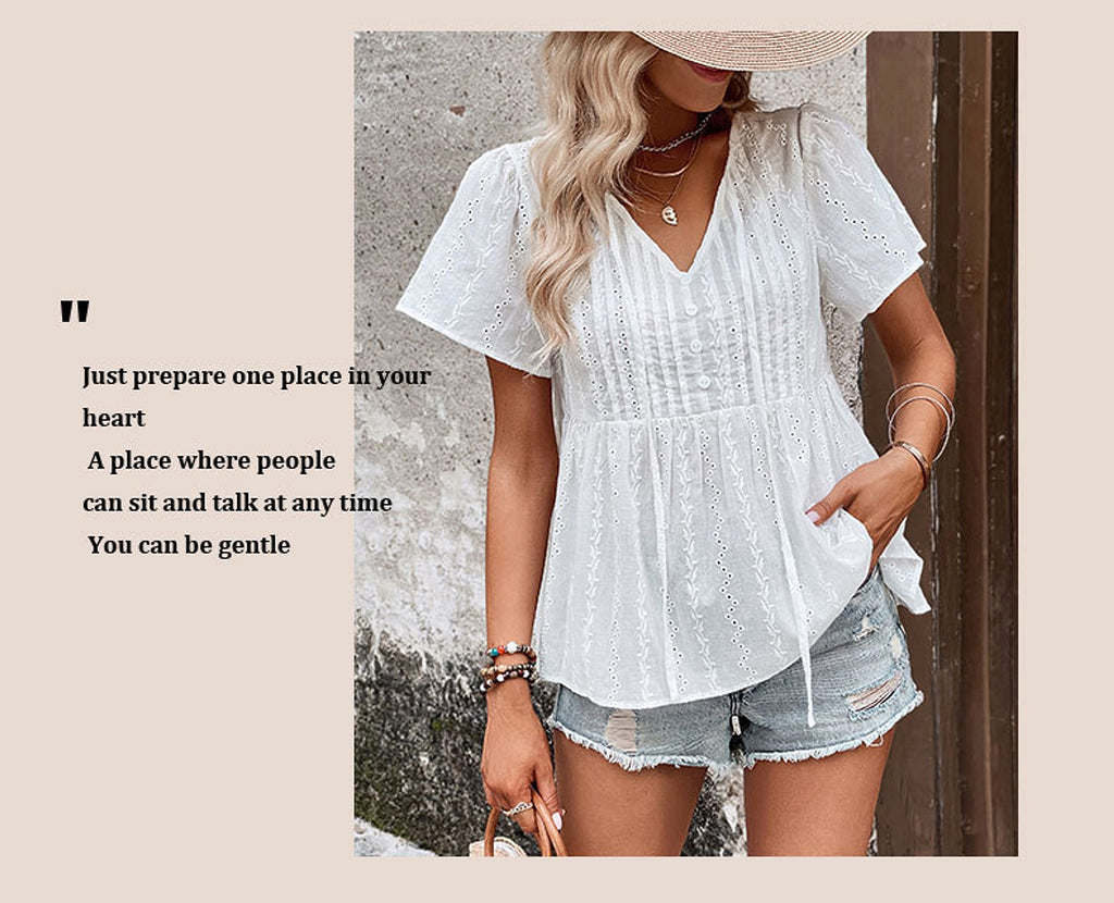 B1. Women's V-neck Stitching Shirt (T-Shirt) - enhanced image 6