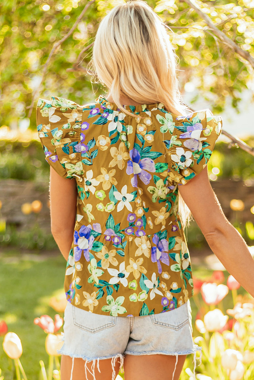 Yellow Floral Print Tiered Flutter Sleeve V Neck Top - enhanced image 6