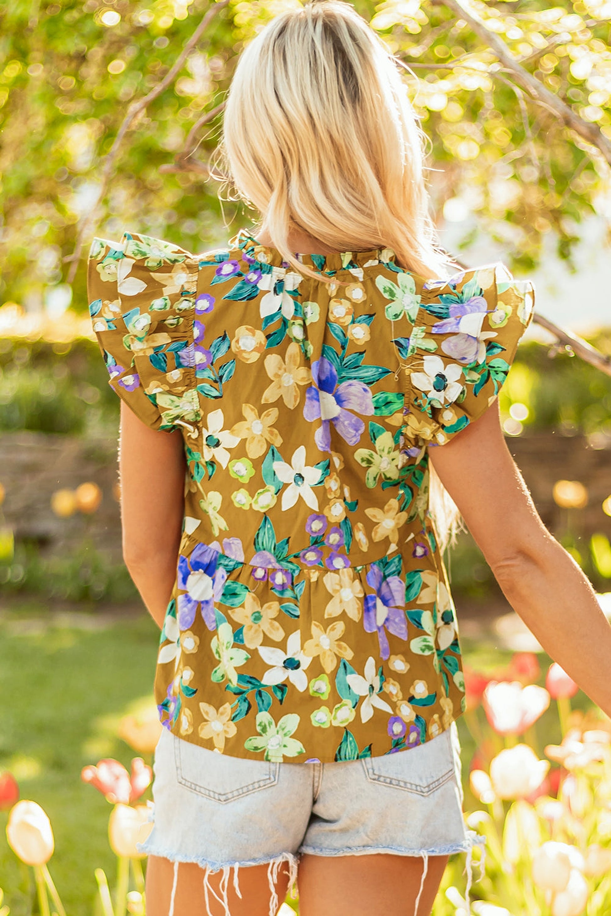 Yellow Floral Print Tiered Flutter Sleeve V Neck Top - enhanced image 6