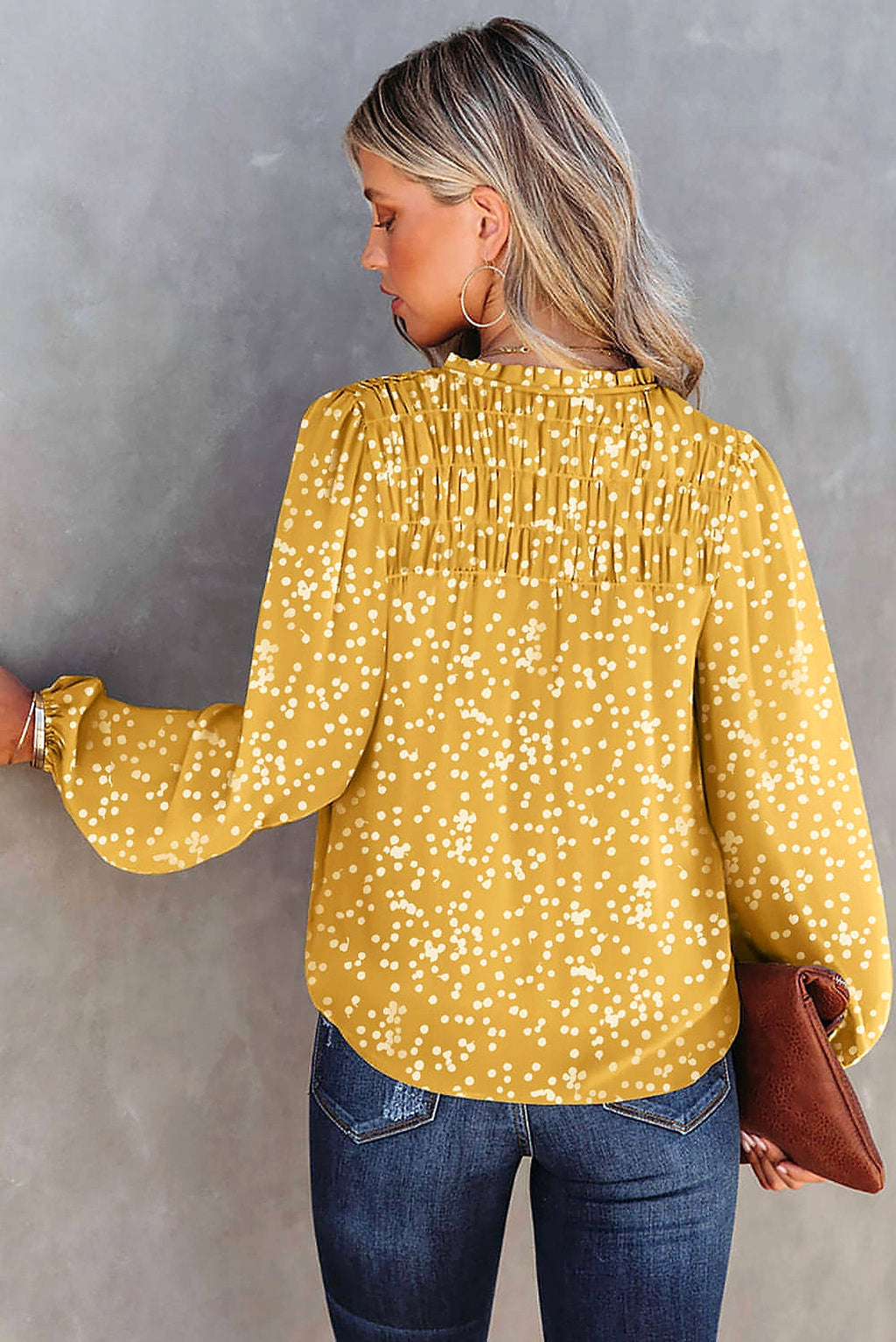 Yellow Split Neck Fall Printed Crinkled Blouse - enhanced image 6