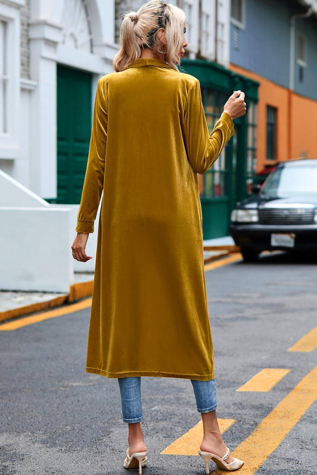 Yellow Velvet Open Front Pocketed Long Duster - enhanced image 6