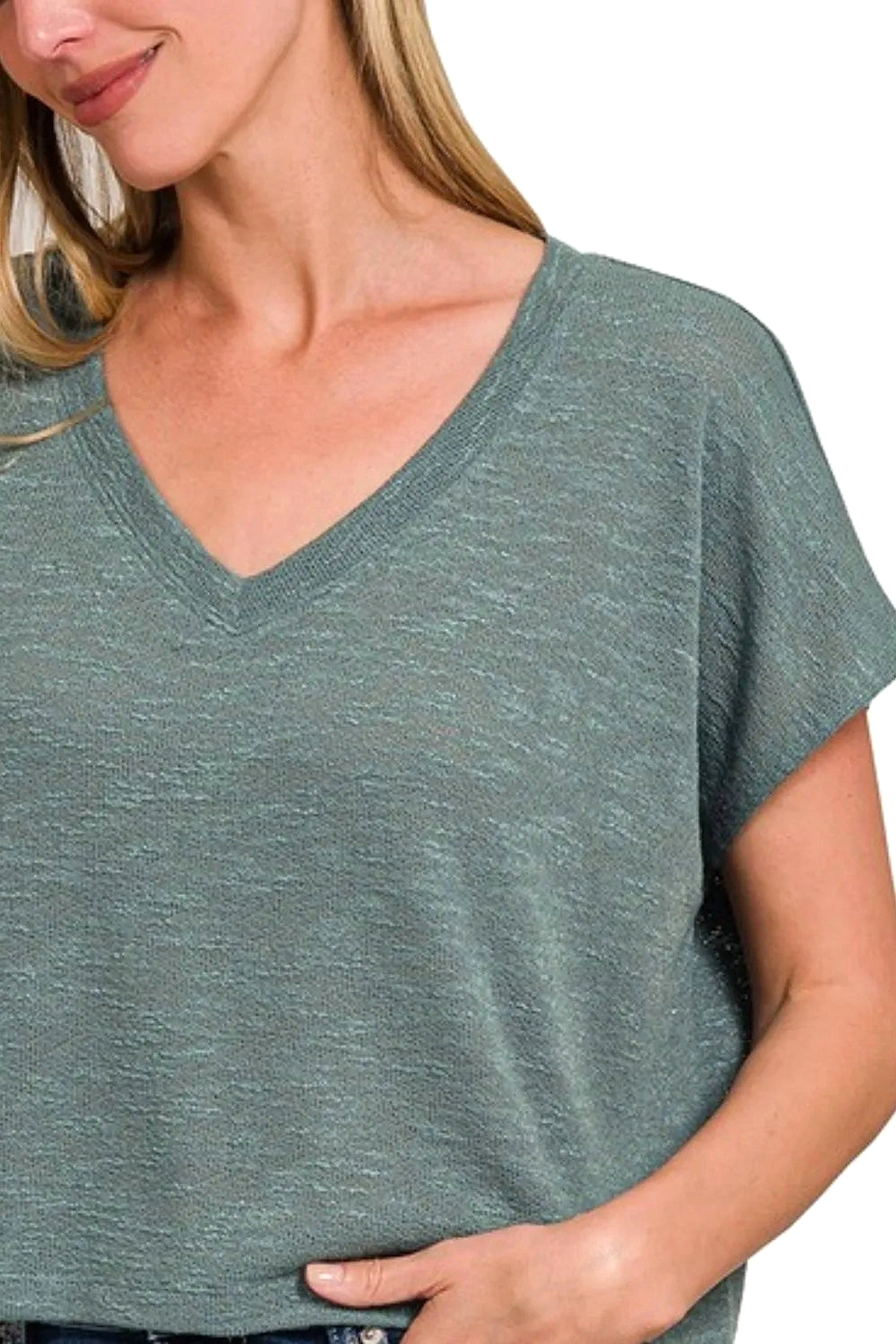 Zenana Hacci Slub V-neck Drop Shoulder Crop Top - enhanced image 6