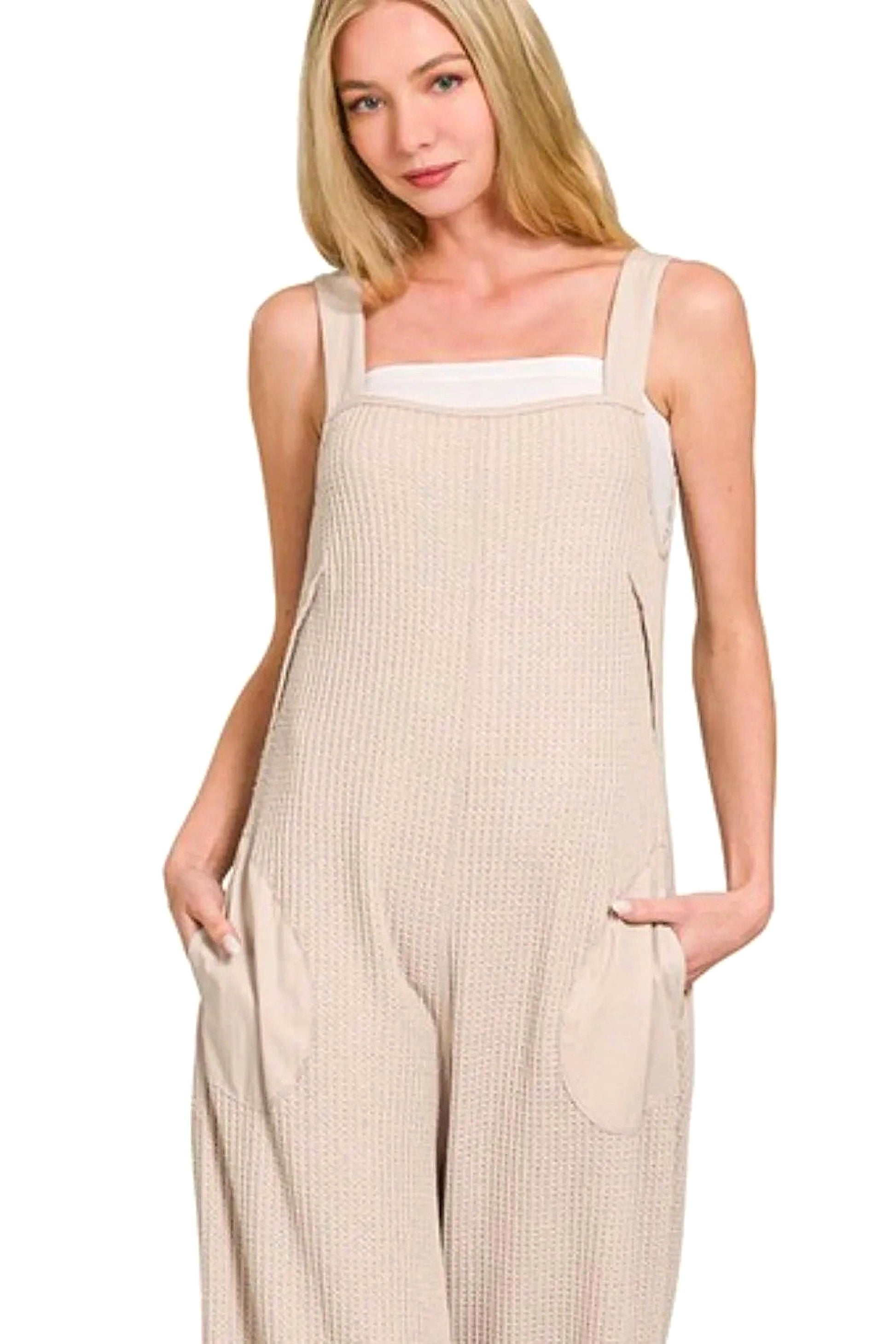Zenana Knit Waffle Wide Leg Overalls - enhanced image 6