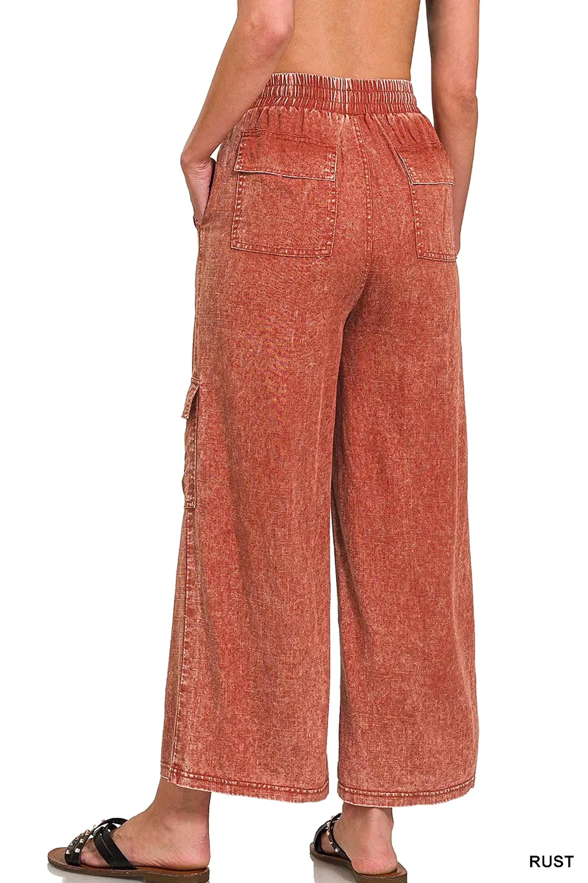 Zenana Washed Linen Elastic Band Waist Cargo Pants - enhanced image 6
