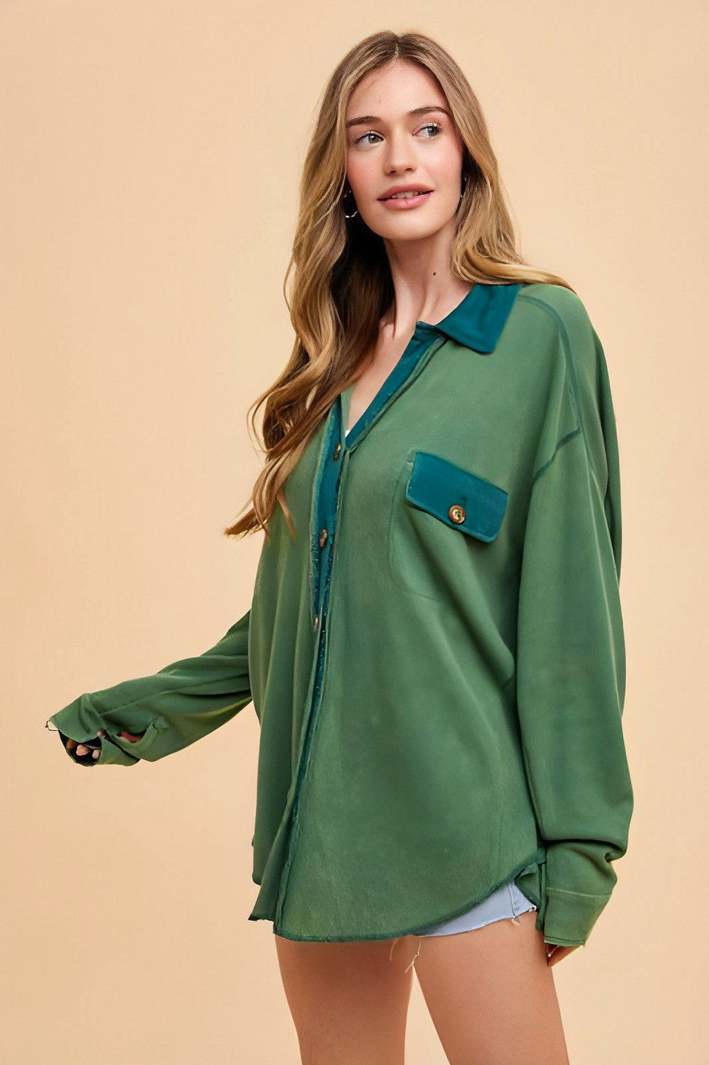Annie Wear Waffle-Knit Mineral Washed Button Down Shirt - enhanced image 7