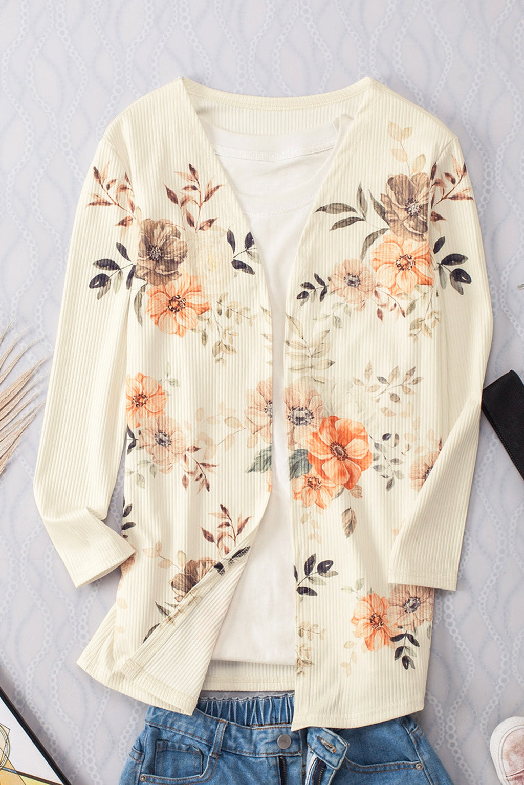 Apricot Floral Print Ribbed Knit Slim Fit Cardigan - enhanced image 7