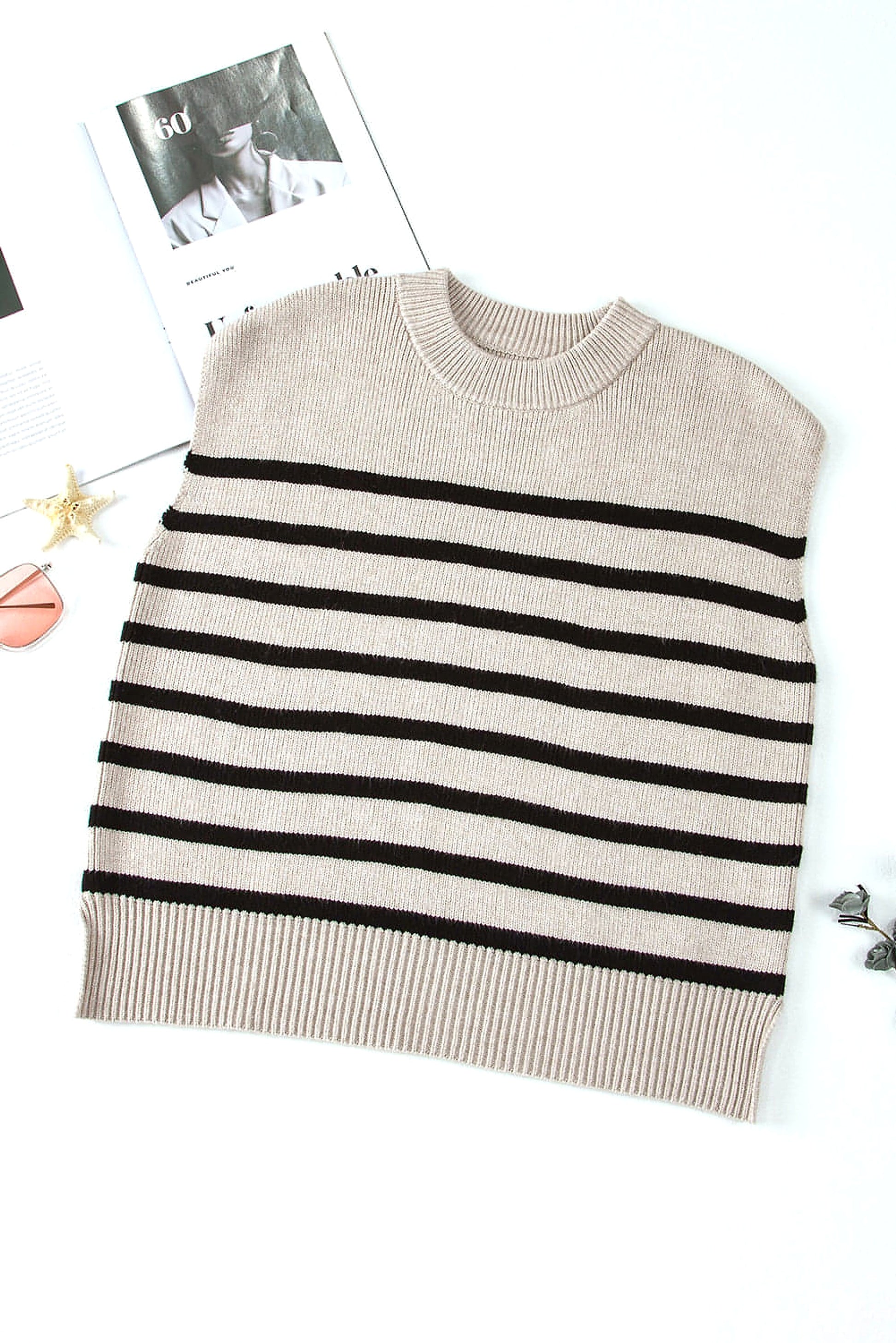 Apricot Stripe Boxy Knitted Round Neck Sweater Tank - enhanced image 7