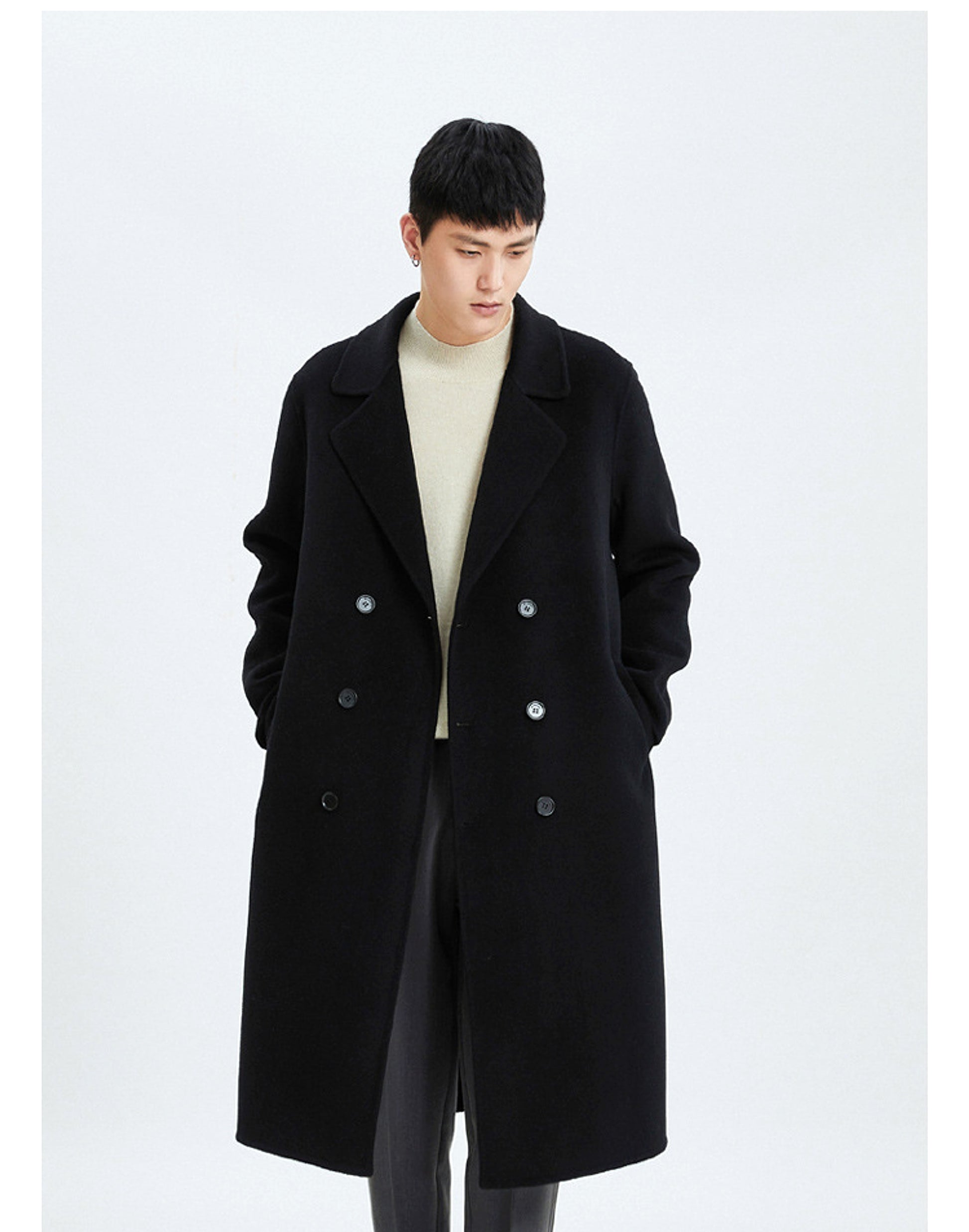 Autumn And Winter Long Over The Knee Reversible Cashmere Trench Coat Men - enhanced image 7