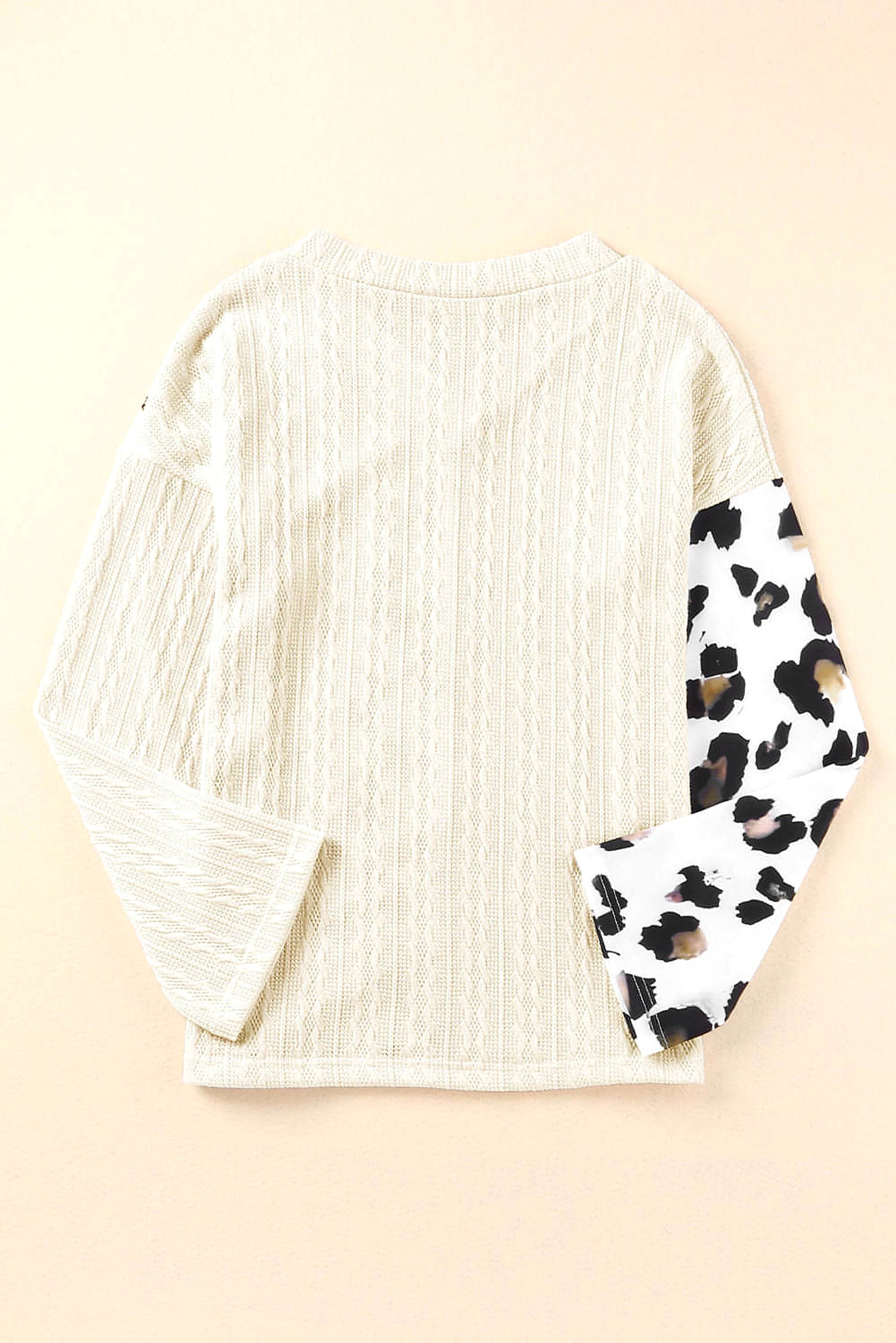 Beige Asymmetric Leopard Patchwork Wide Sleeve V Neck Sweater - enhanced image 7