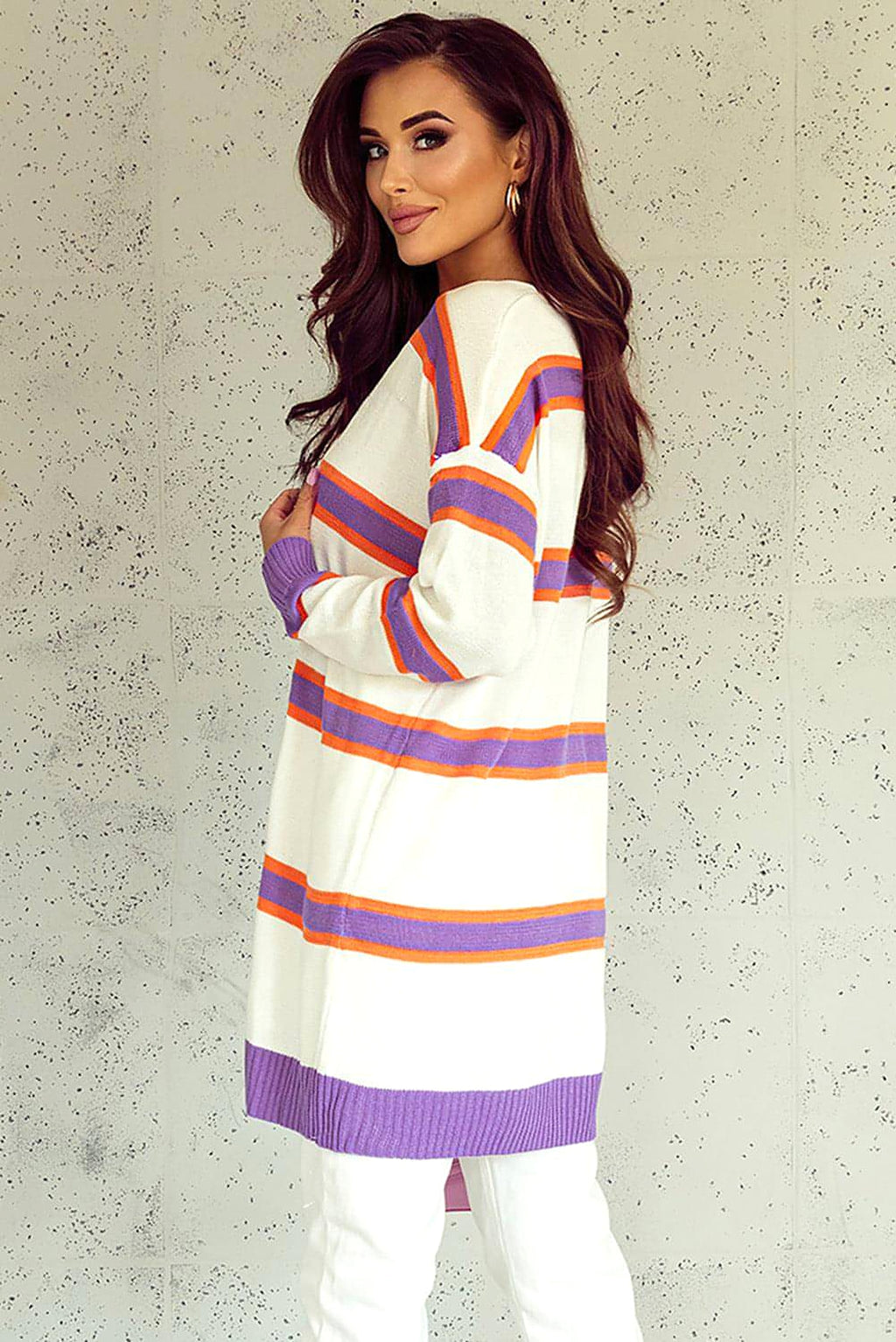 Beige Striped Long Sleeve Ribbed Trim Button Cardigan - enhanced image 7