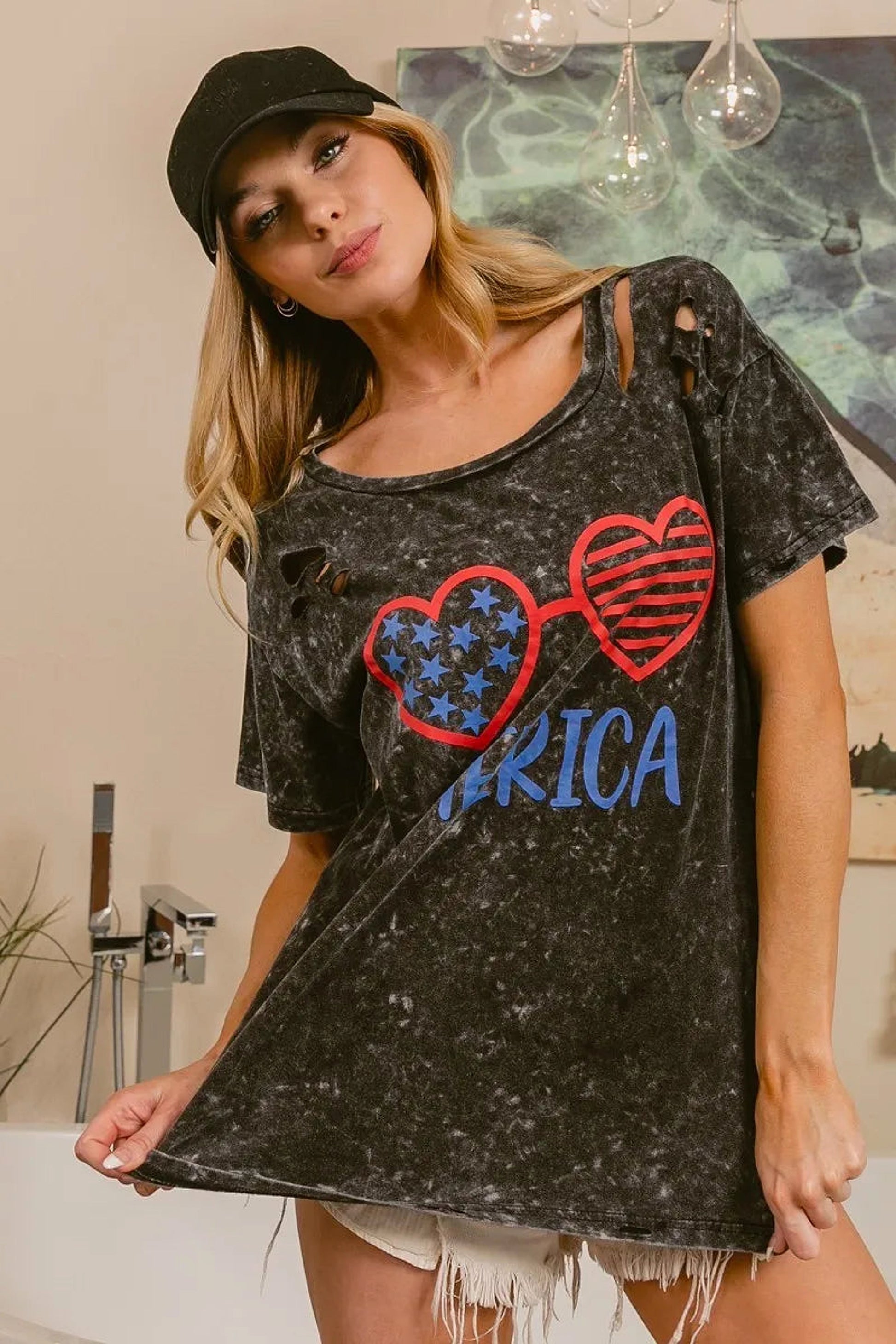 BiBi 4th Of July Theme Mineral Washed Laser Cut Top - enhanced image 7