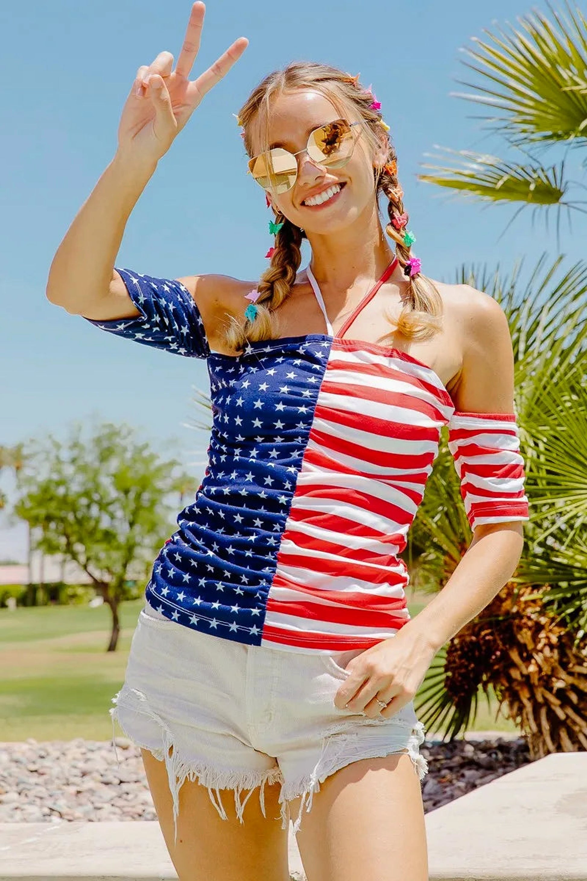 BiBi American Flag Off Shoulder With Front Ruched Top - enhanced image 7