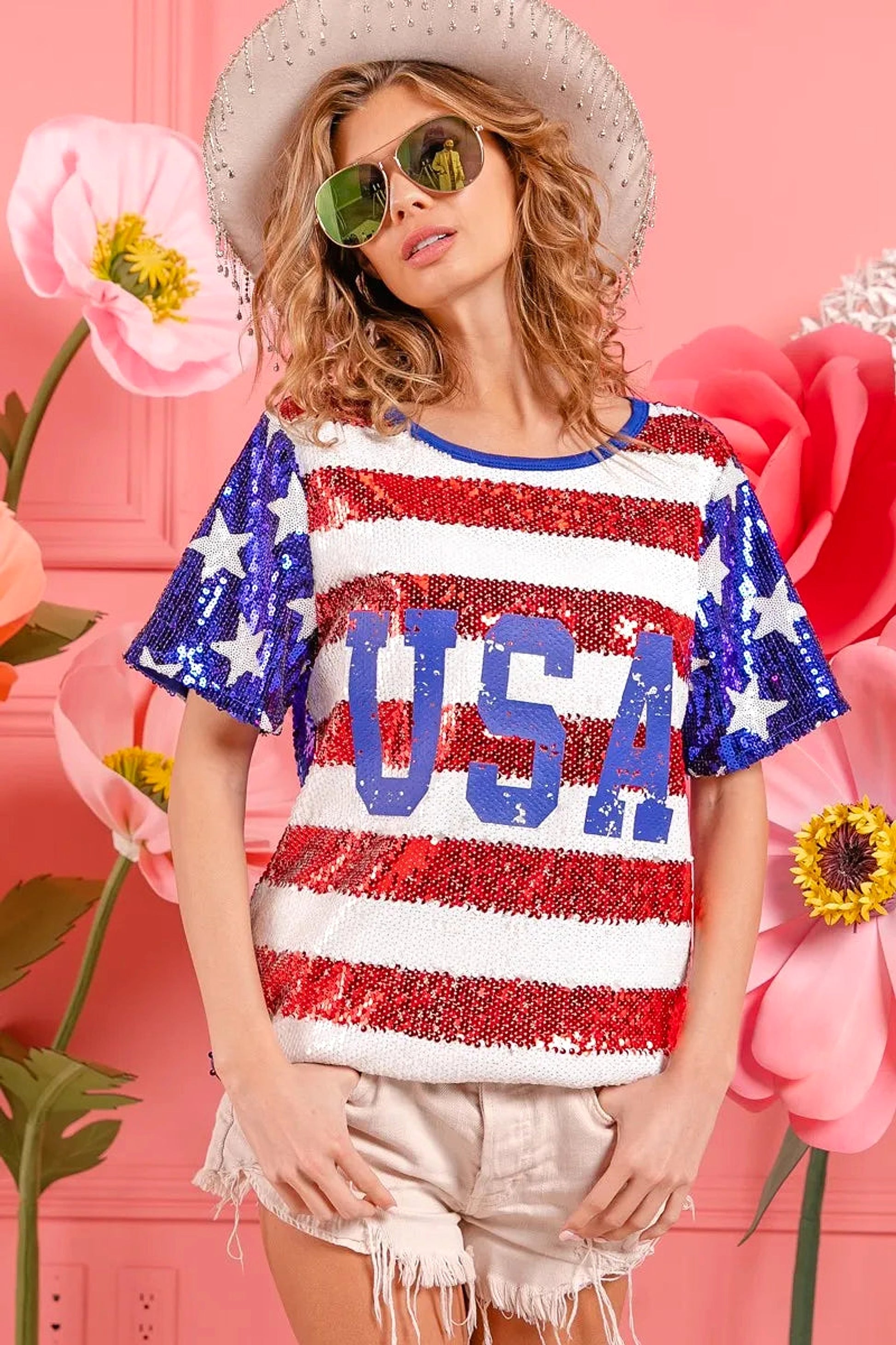 BiBi American Flag Theme USA Lettering Sequin Top - enhanced image 7