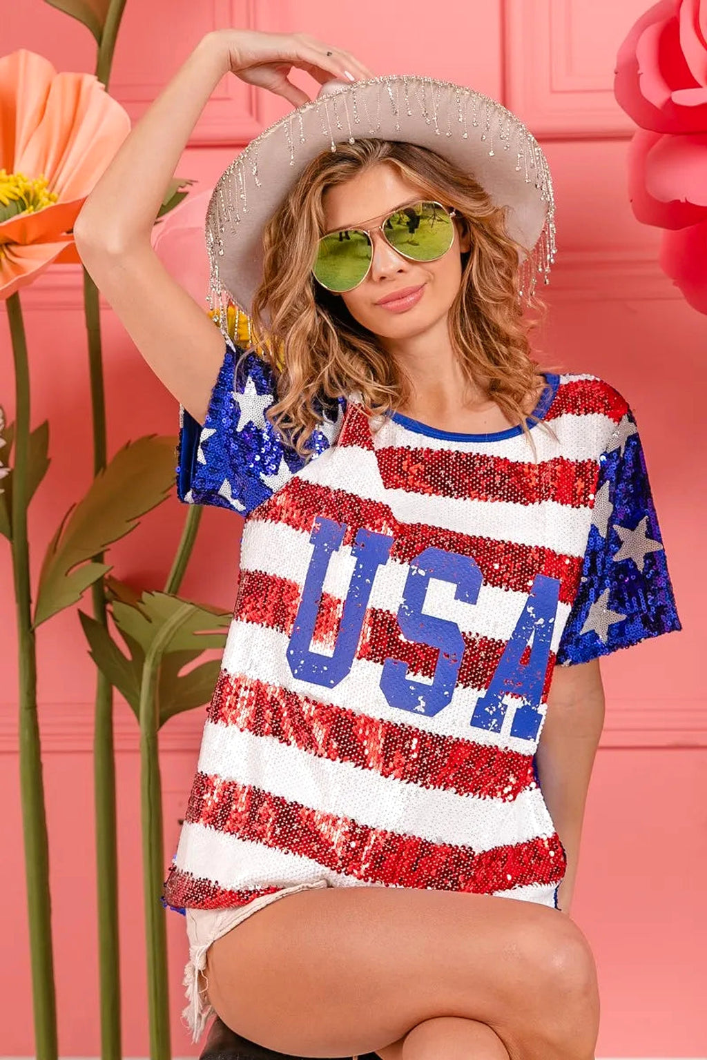 BiBi American Flag Theme USA Lettering Sequin Top - enhanced image 7