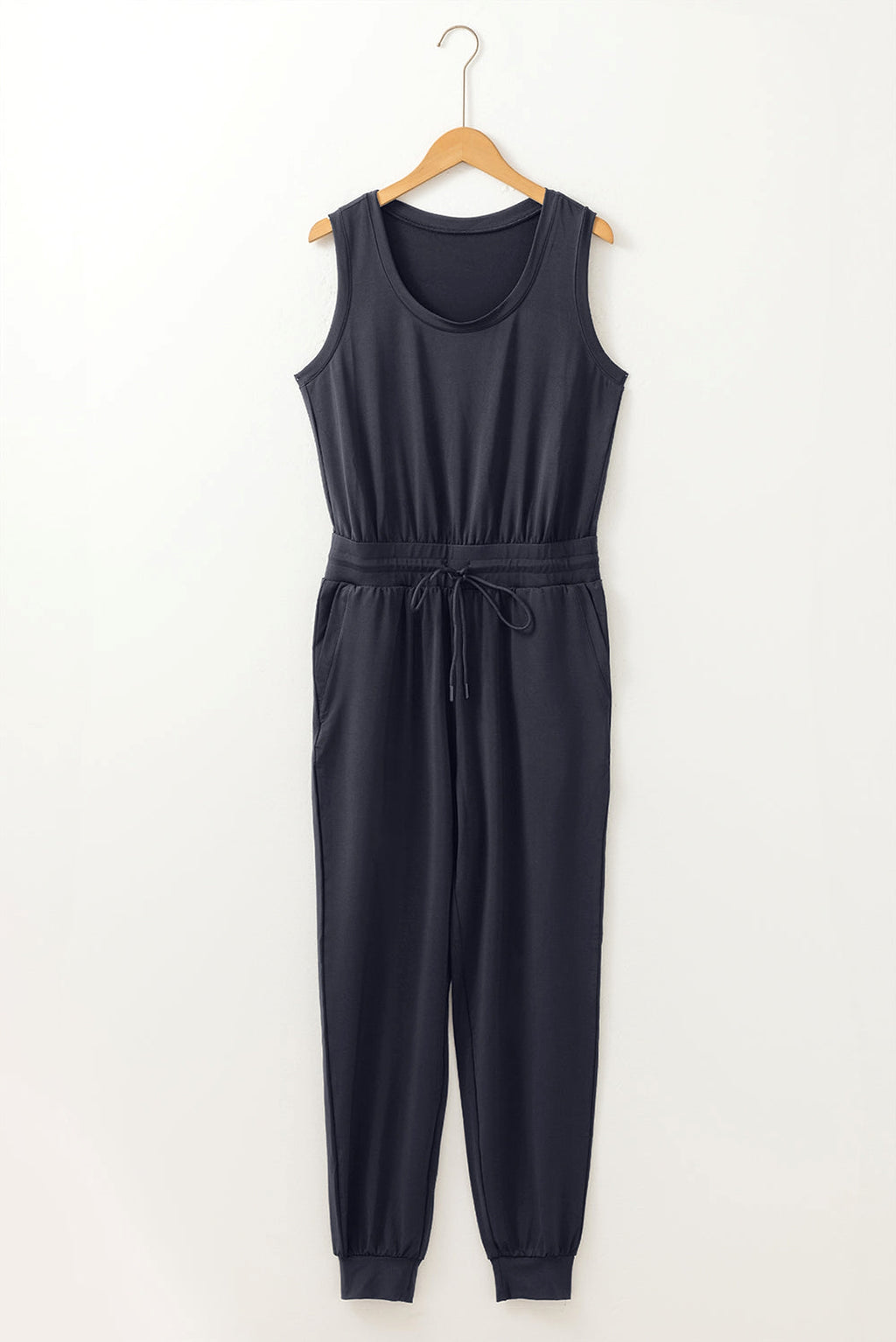 Black Casual Tank Style Tie Waist Pocketed Jogger Jumpsuit - enhanced image 7
