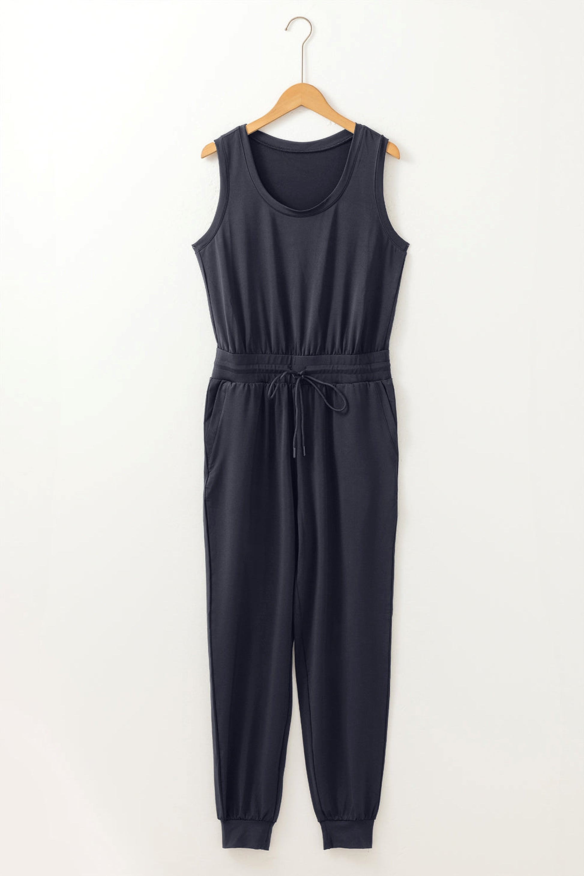 Black Casual Tank Style Tie Waist Pocketed Jogger Jumpsuit - enhanced image 7