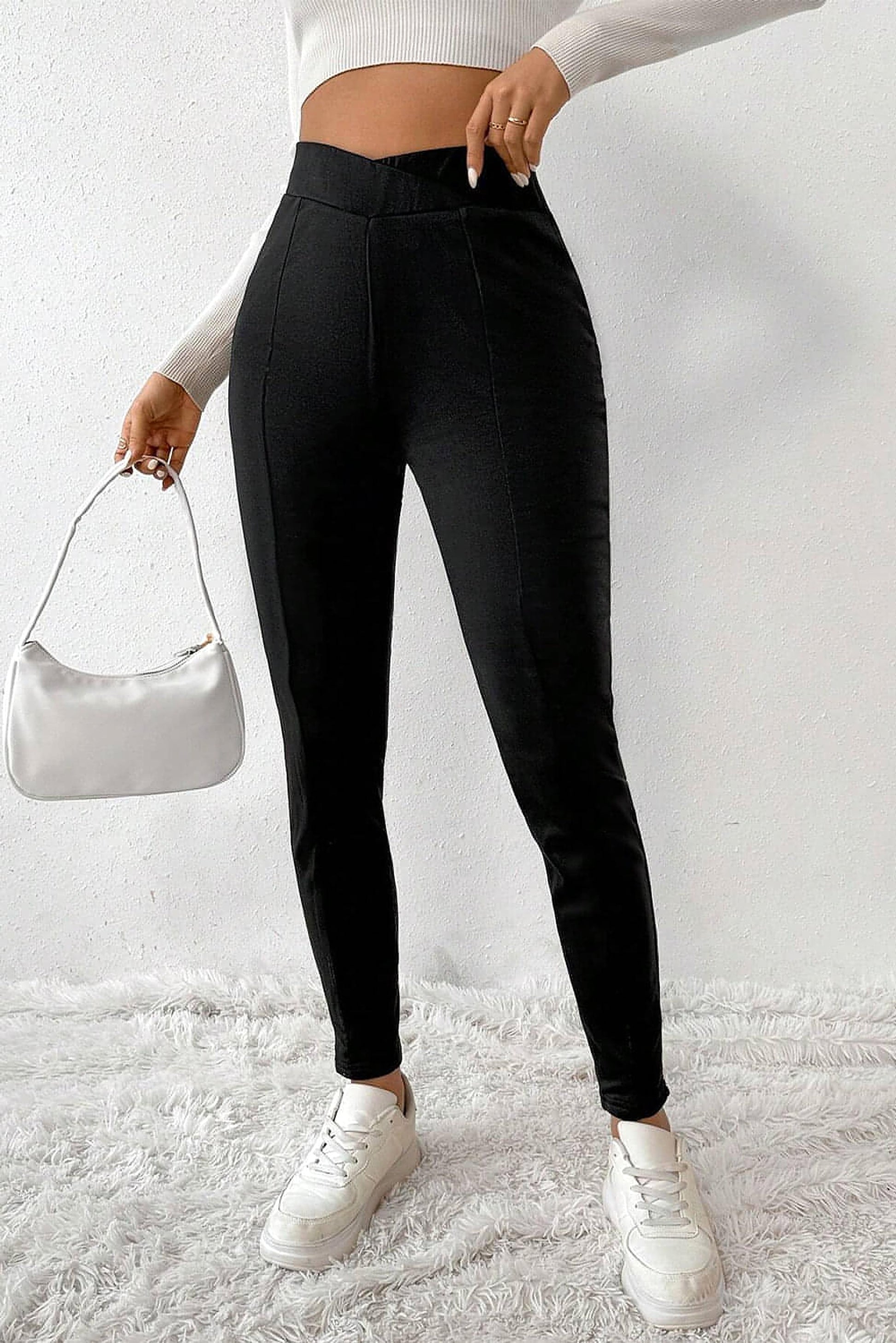 Black Crossed Waist Seamed Leg Thermal Leggings - enhanced image 7