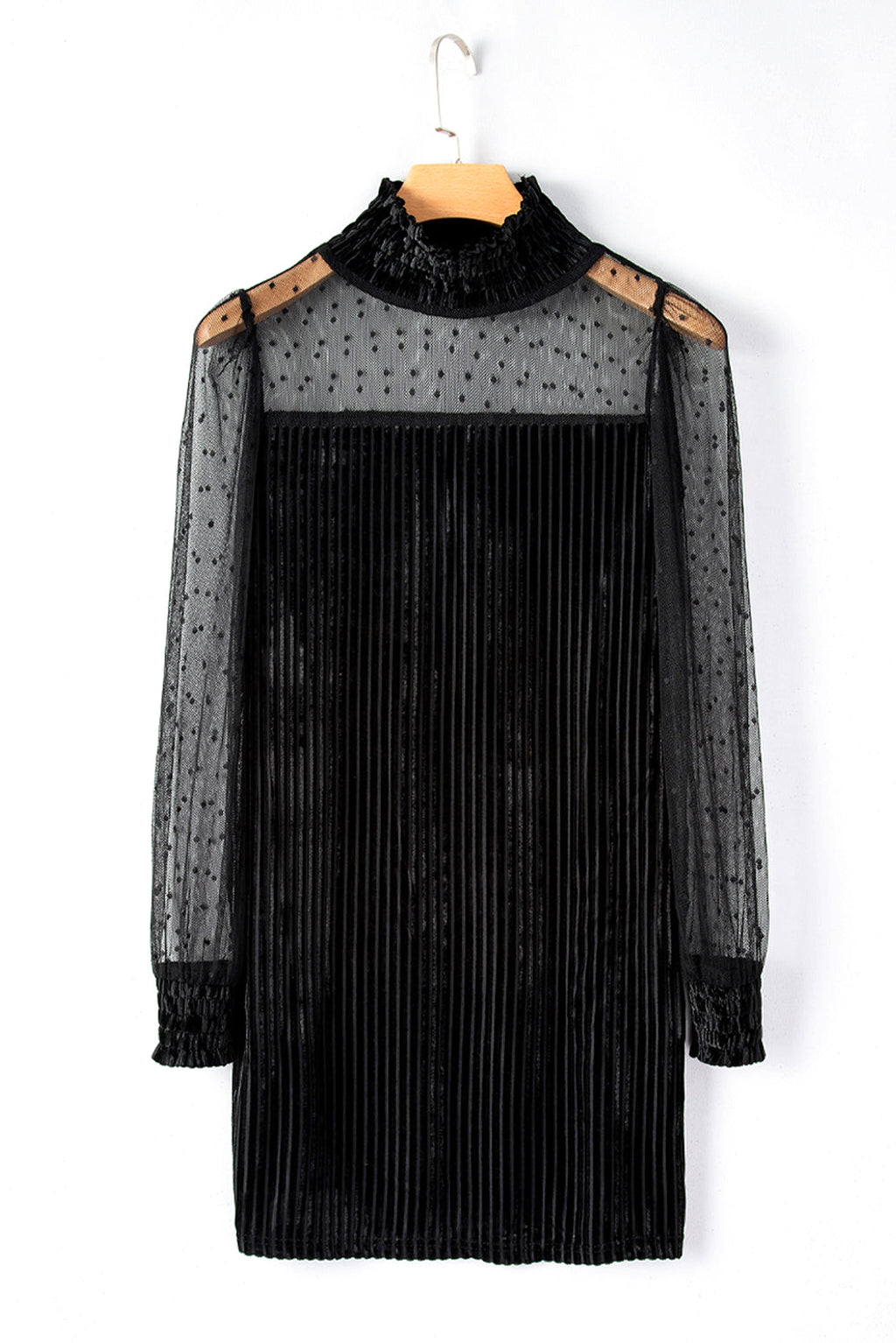 Black Dotted Mesh Striped Frilled Neck Bubble Sleeve Dress - enhanced image 7