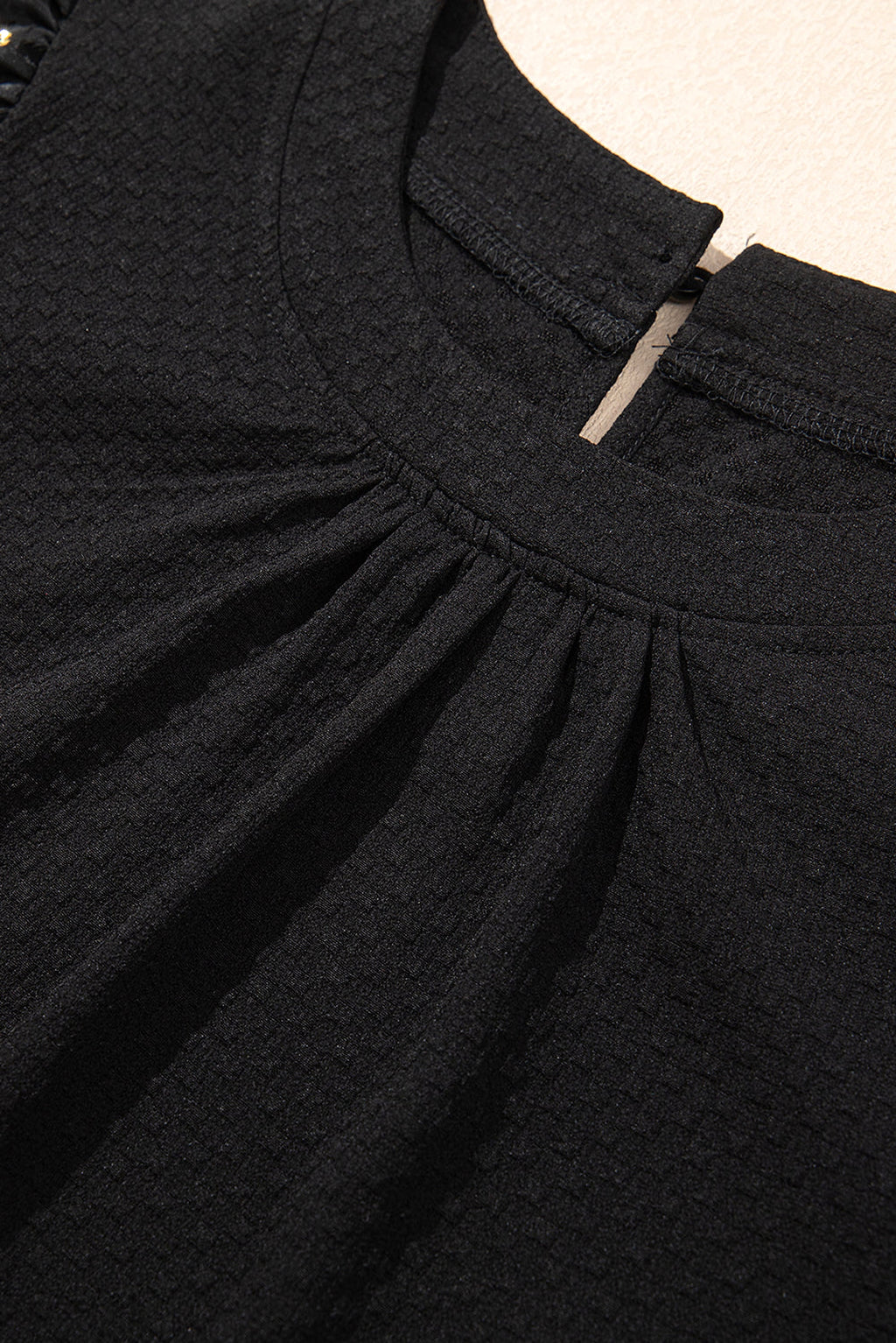 Black Feather Bubble Sleeve Patchwork Textured Blouse - enhanced image 7