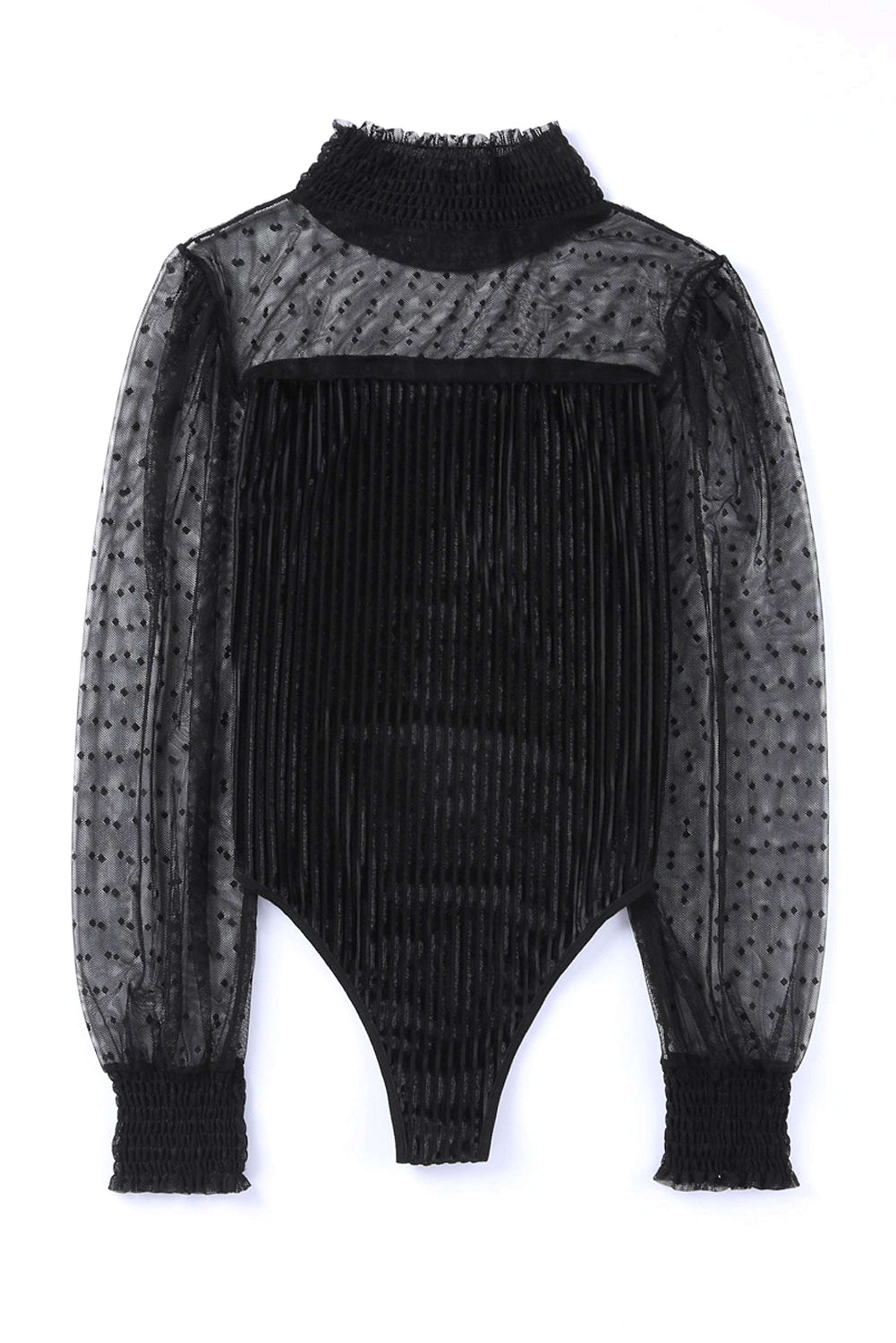 Black Sheer Dotty Long Sleeve Ribbed Velvet Bodysuit - enhanced image 7