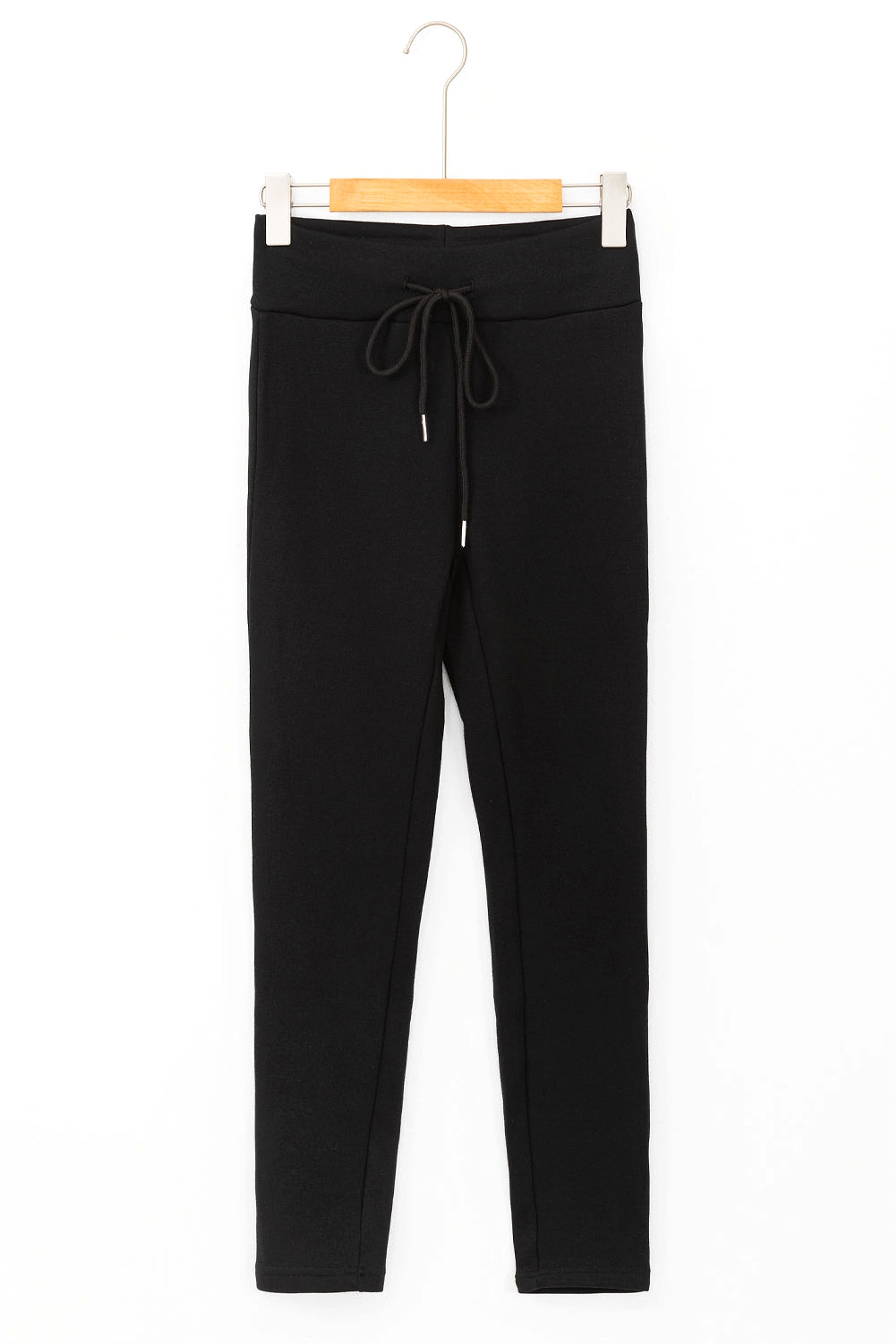 Black Solid Drawstring Waist Thermal Lined Leggings - enhanced image 7