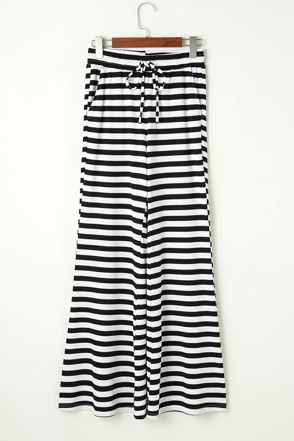 Black Stripe Lace-up Waist Casual Flared Pants - enhanced image 7