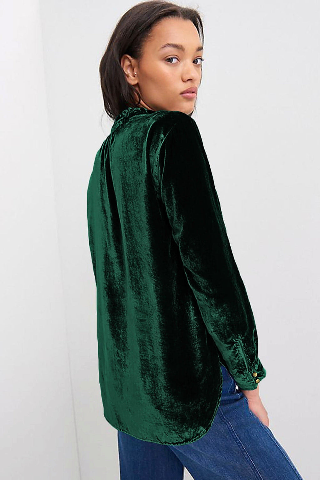 Blackish Green Frilled Neck Buttoned Front Velvet Top - enhanced image 7
