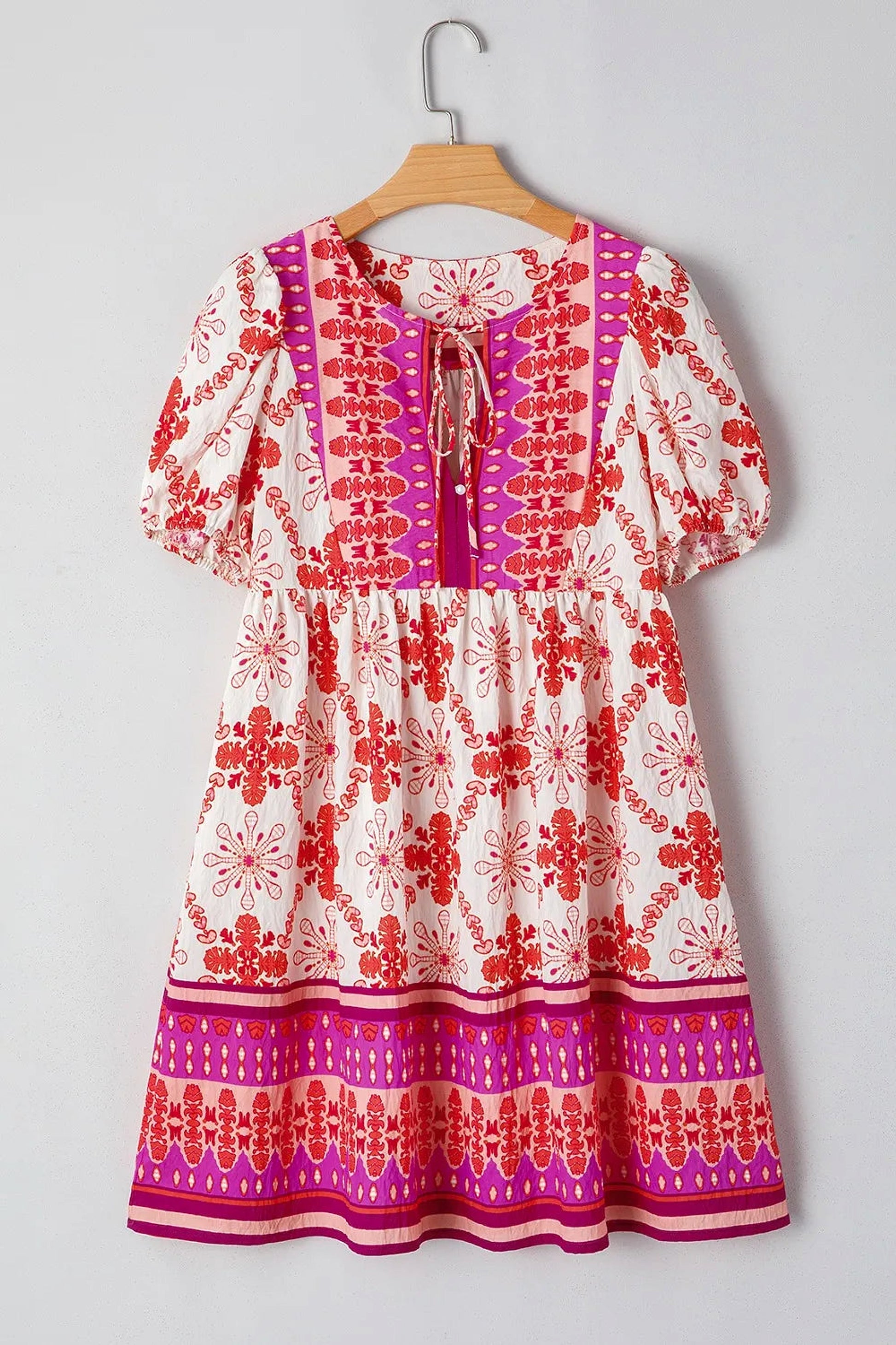 Boho Floral Short Sleeve Tie Neck Mini Dress - enhanced image 7