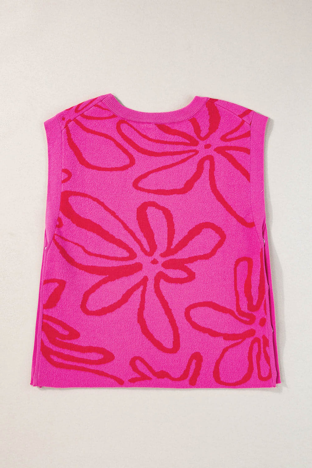 Bright Pink Button Sides Sleeveless Floral Knitted Top - enhanced image 7