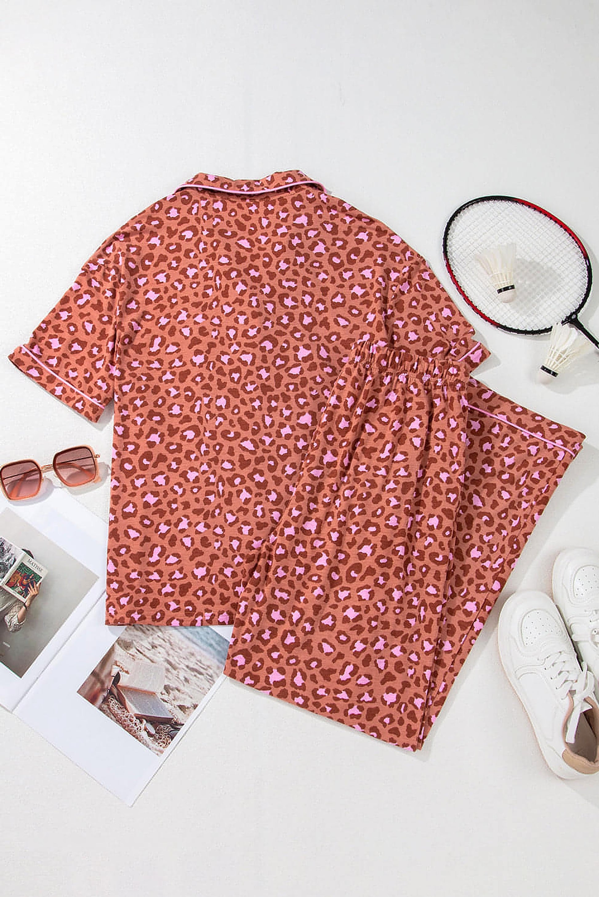 Brown Leopard Print Short Sleeve Shirt and Pants Pajamas Set - enhanced image 7