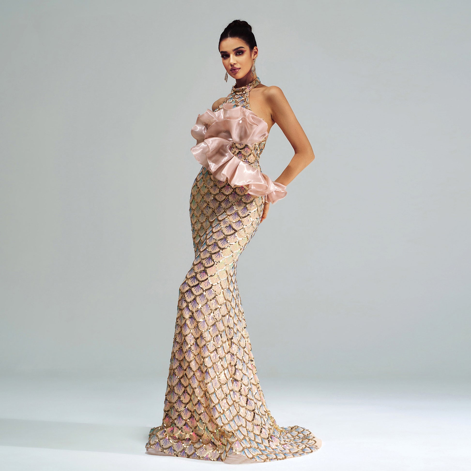 “Champagne Glam” Halter Mermaid Dress – Luxury for Elite Occasions - enhanced image 7