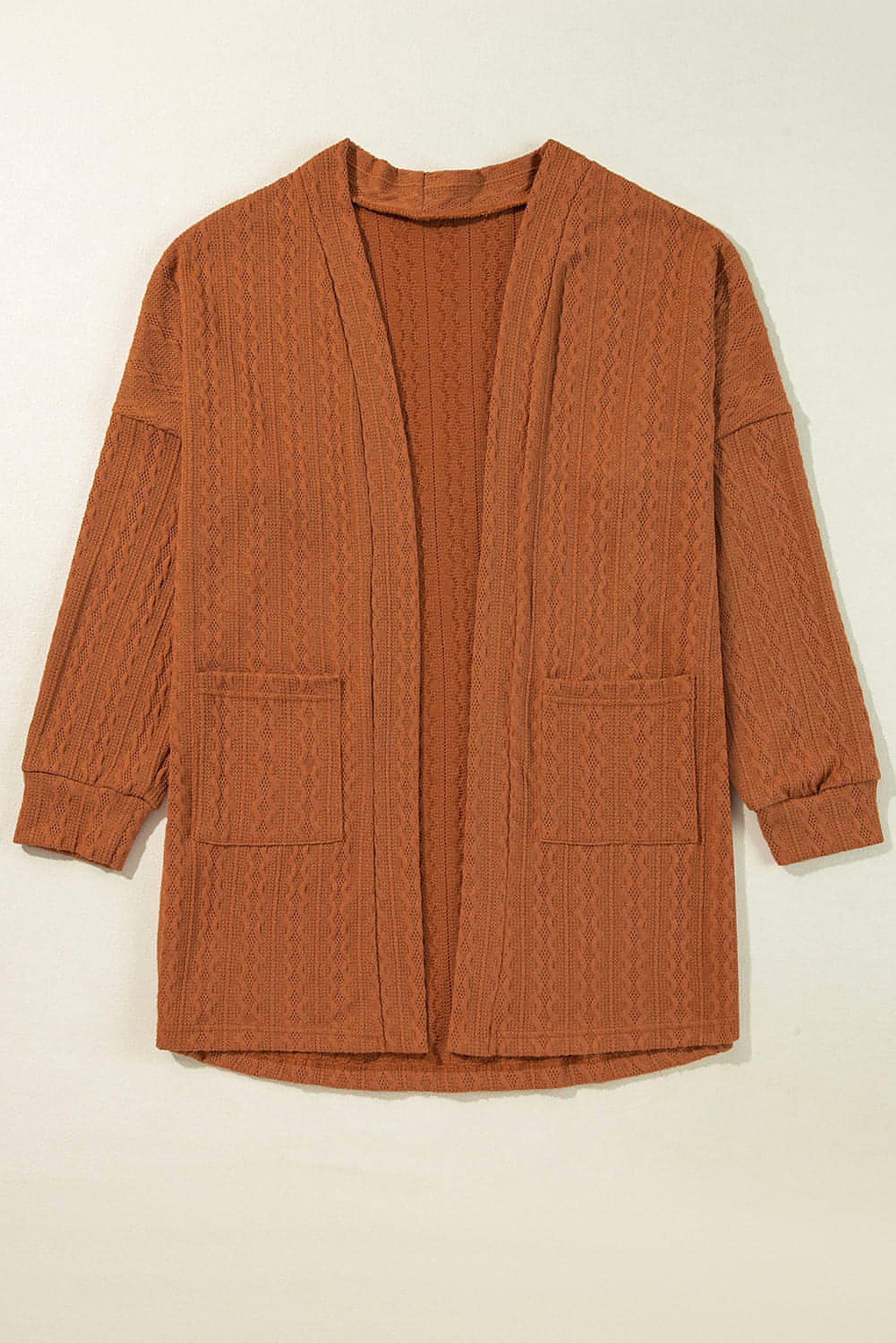 Chestnut Textured Knit Side Pockets Open Front Cardigan - enhanced image 7